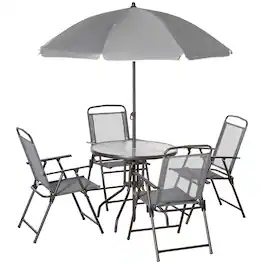 Outsunny - 6 Piece Patio Dining Set for 4 with Umbrella, Outdoor Table and Chairs with 4 Folding Dining Chairs & Round Glass Table - Gray