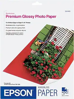 Borderless Premium Glossy Photo Paper S045465
For Brilliant Edge-to-Edge 8x10" Photos
- Borderless prints, no perforations
- Premium color with a glossy finish
- For glass frames and photo albums
- Specially engineered for select EPSON Stylus Photo printers
For use with EPSON Stylus Photo 700/1200
BORDERLESS PAPER
20 SHEETS
EPSON