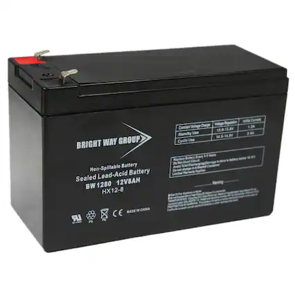 **BRIGHT WAY GROUP**
**Non-Spillable Battery**
**Sealed Lead-Acid Battery**
**12V8AH**
**BW 1280**
**HX12-8**
**MADE IN CHINA**
**CE**
**LR PD Pb**
---
**Constant Voltage Charge**
**Standby Use**
**13.6-13.8V**
**Cyclic Use**
**14.5-14.9V**
**Initial Current**
**1.2A**
**2.4A**
**Replace Battery Every 3-4 Years**
**Do Not Overcharge/Discharge (Damage is due to battery life 100%)**
**Do Not Charge in A Sealed Container**
**Limited Warranty Applies**
---
**Warning**
**Risk of Fire/Explosion - Do not short circuit**
**Do not dispose of in fire**
**Do not dispose of in water**
**Do not dispose of in soil**
**Do not dispose of in air**
**Do not dispose of in water**
**Do not dispose of in soil**
**Do not dispose of in air