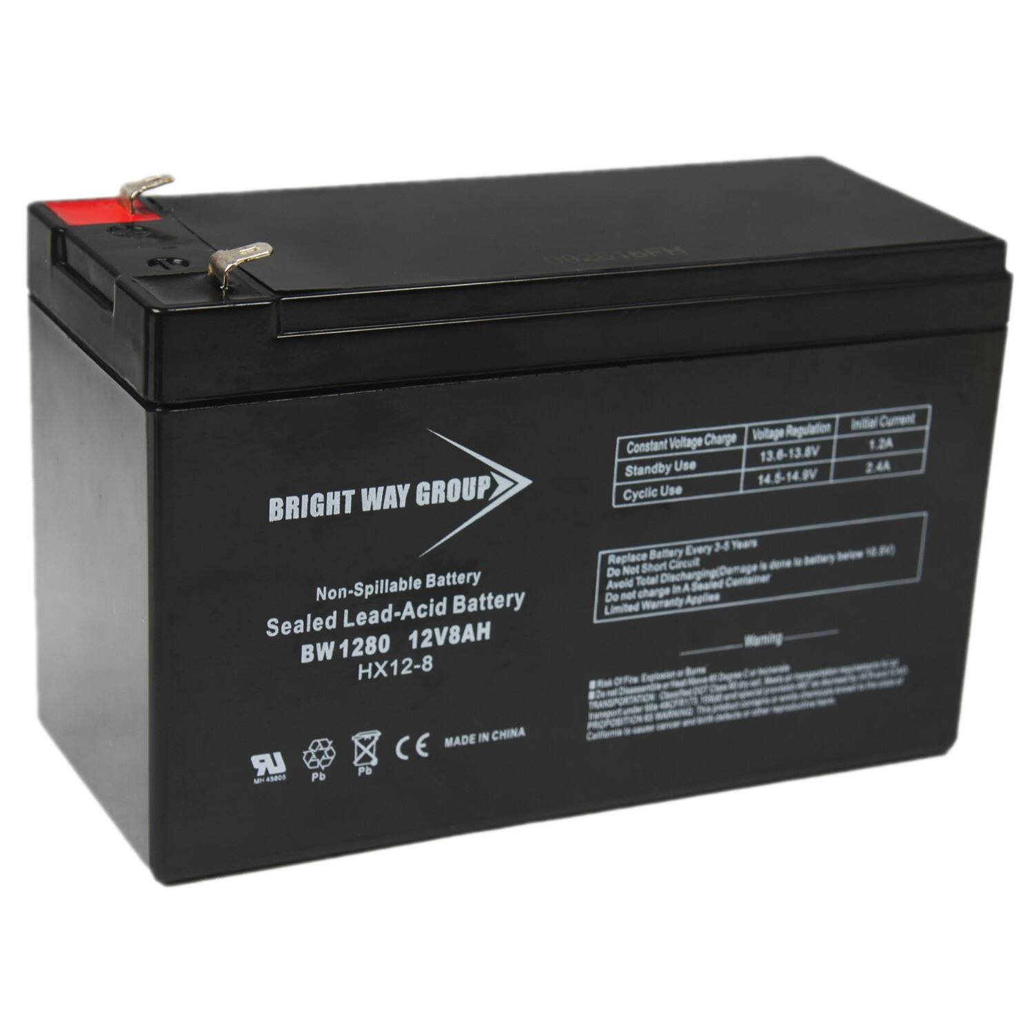 **BRIGHT WAY GROUP**

**Non-Spillable Battery**  
**Sealed Lead-Acid Battery**  
**12V8AH**  
**BW 1280**  
**HX12-8**  
**MADE IN CHINA**  
**CE**  
**LR PD Pb**

---

**Constant Voltage Charge**  
**Standby Use**  
**13.6-13.8V**  
**Cyclic Use**  
**14.5-14.9V**

**Initial Current**  
**1.2A**  
**2.4A**

**Replace Battery Every 3-4 Years**  
**Do Not Overcharge/Discharge (Damage is due to battery life 100%)**  
**Do Not Charge in A Sealed Container**  
**Limited Warranty Applies**

---

**Warning**  
**Risk of Fire/Explosion - Do not short circuit**  
**Do not dispose of in fire**  
**Do not dispose of in water**  
**Do not dispose of in soil**  
**Do not dispose of in air**  
**Do not dispose of in water**  
**Do not dispose of in soil**  
**Do not dispose of in air