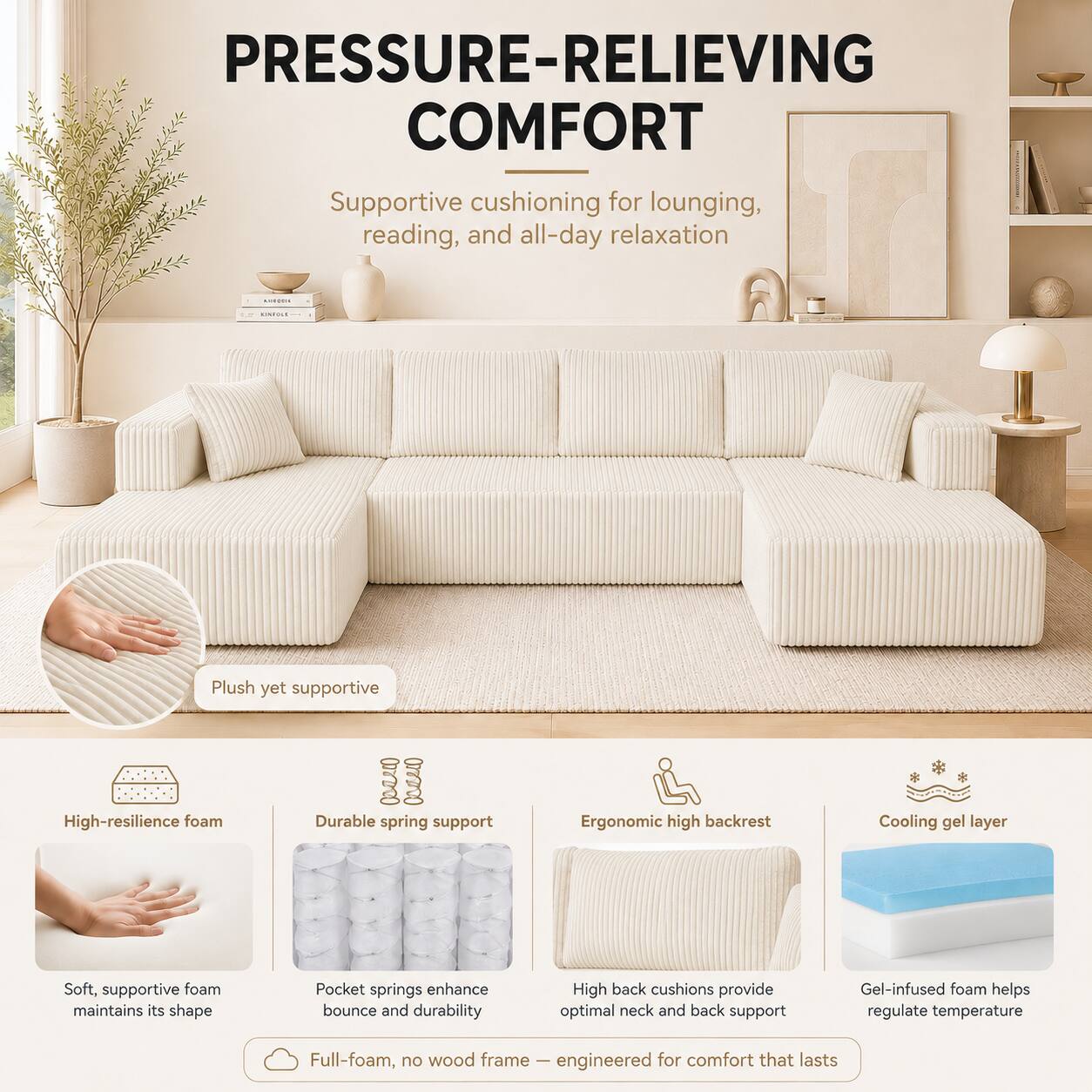 PRESSURE-RELIEVING COMFORT  
Supportive cushioning for lounging, reading, and all-day relaxation.  

Plush yet supportive  
High-resilience foam  
Durable spring support  
Ergonomic high backrest  
Cooling gel layer  

Soft, supportive foam maintains its shape  
Pocket springs enhance bounce and durability  
High back cushions provide optimal neck and back support  
Gel-infused foam helps regulate temperature  

Full-foam, no wood frame – engineered for comfort that lasts