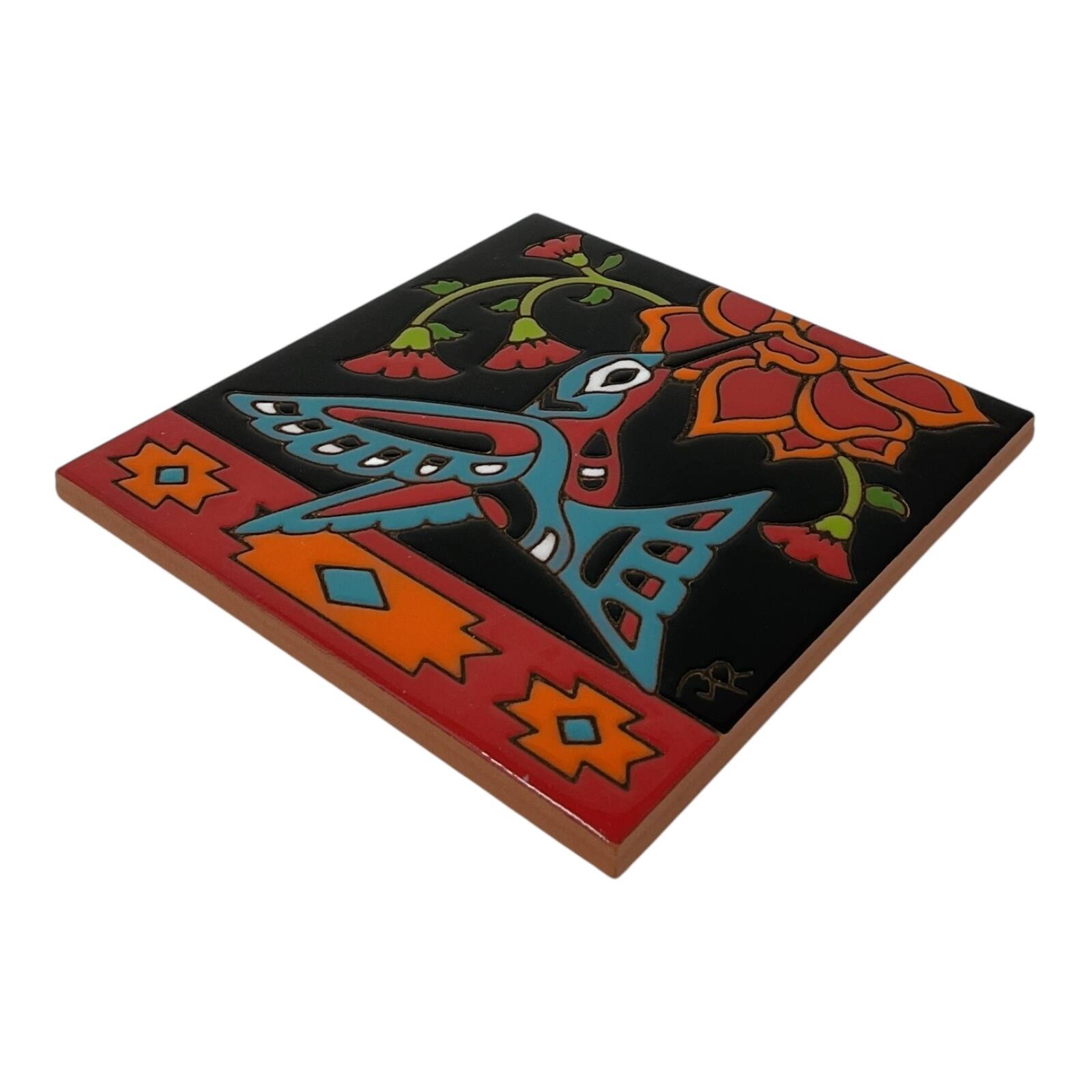 Left. Earthtones Tile - Earthtones Southwest Hummingbird with Flower 6X6 Colorful Hand Glazed Decorative Tile - Multicolor.