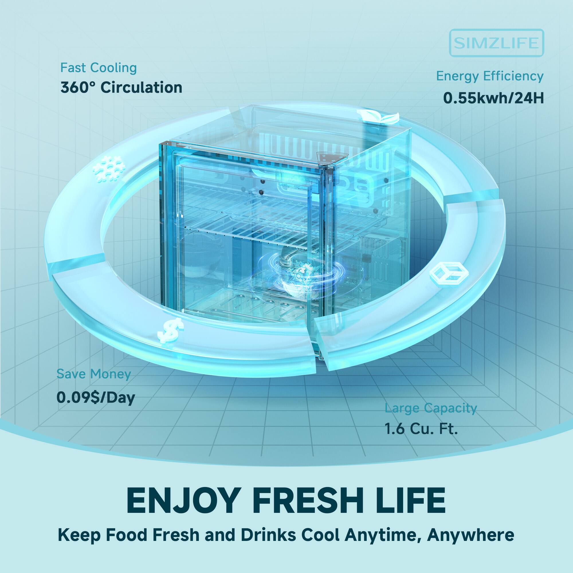 SIMZLIFE  
Fast Cooling  
360° Circulation  
Energy Efficiency 0.55kWh/24H  
Save Money 0.09$/Day  
Large Capacity 1.6 Cu. Ft.  
ENJOY FRESH LIFE  
Keep Food Fresh and Drinks Cool Anytime, Anywhere