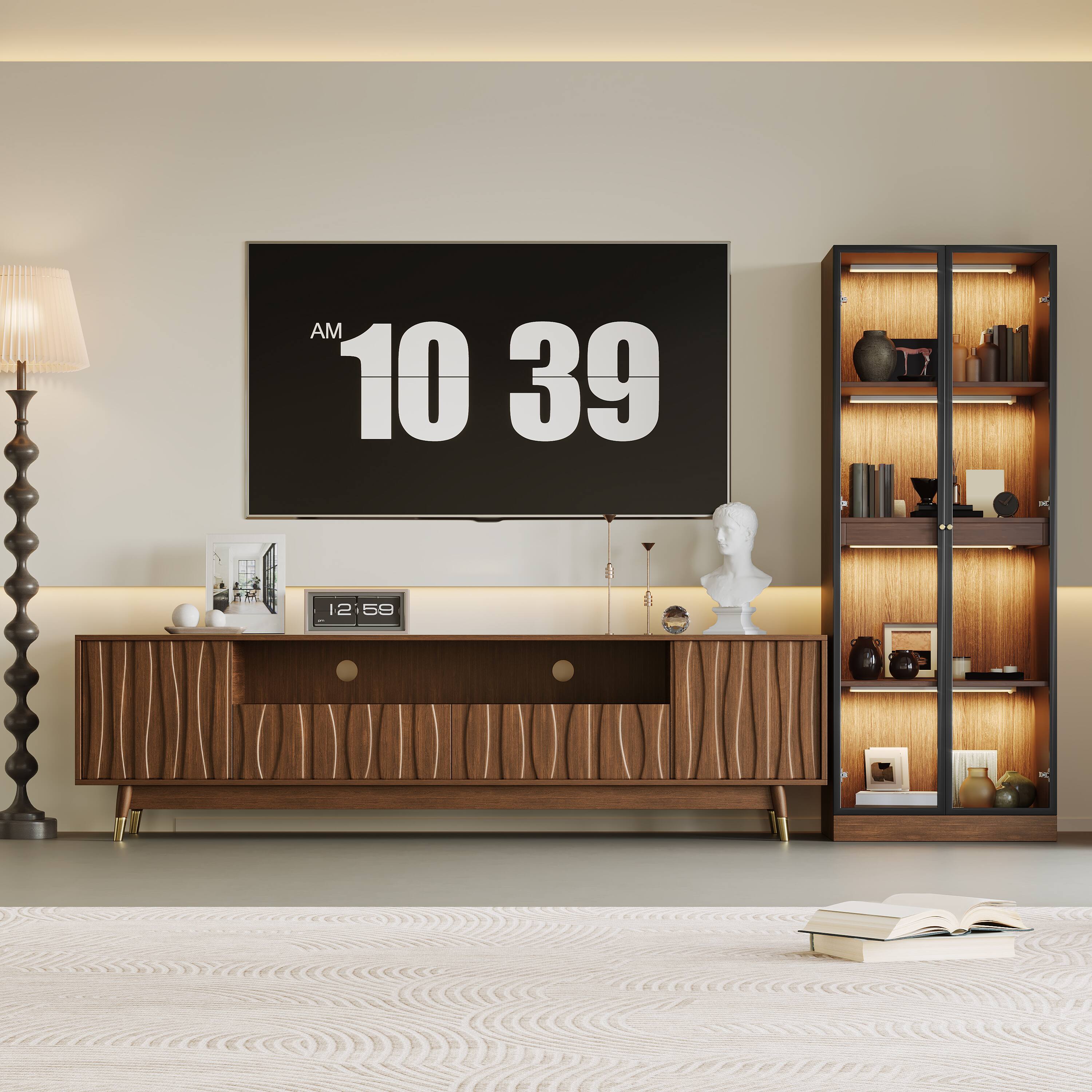 Alt View 1. MSOOB - Entertainment Center, Mid-Century Modern TV Stand and Glass Display Cabinet Set with Drawers and Storage Up to 85" TV - brown.