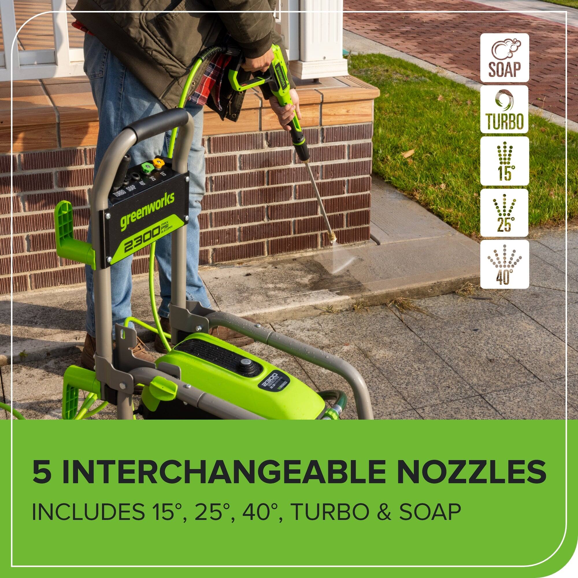 I SOAP 4 T of E 1 greenworks Adda - 2300 TURBO I 15 ...... 25 I 40 : E3DO 5 INTERCHANGEABLE NOZZLES INCLUDES 15, 25, 40, TURBO & SOAP