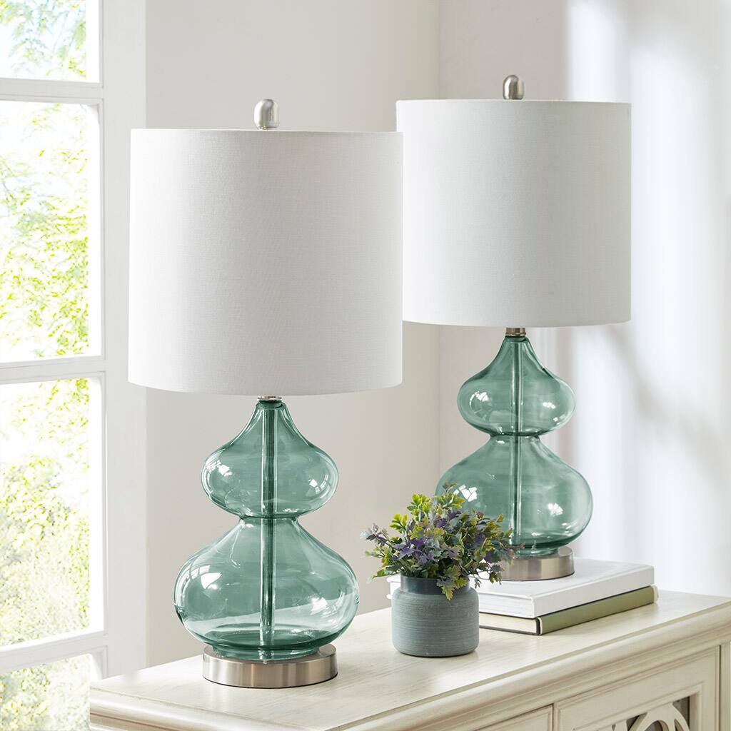 Back. HOMLUX - 25.25 in. Blue Curved Glass Table Lamp Integrated LED for Living Room, Set of 2.