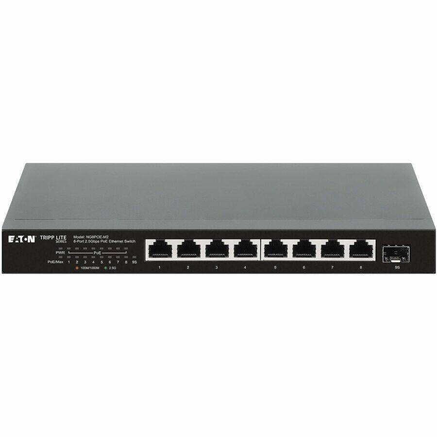 EATON TRIPP LITE SERDES PWR Pol/Mex - Model NGRPOE-M2  
8-Port 2.5Gbps POE Ethernet Switch  
PWR  
POE  
PoE/Max  
1 2 3 4 5 6 7 8 9 S  
100M/1000M 2.5G