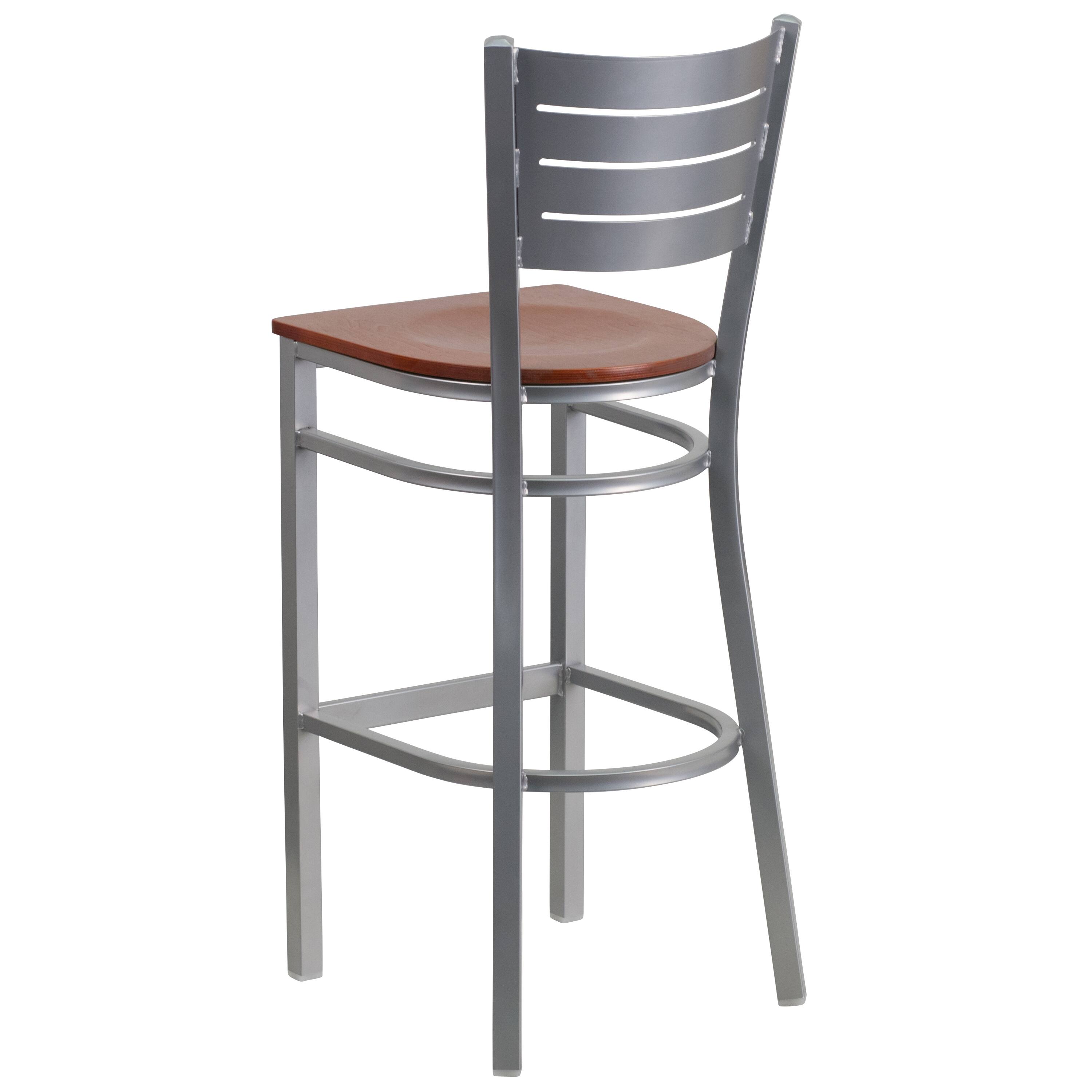 Alt View 4. Emma + Oliver - 2 Pack Silver Slat Back Metal Restaurant Barstool - Cherry Wood Seat/Silver Frame.