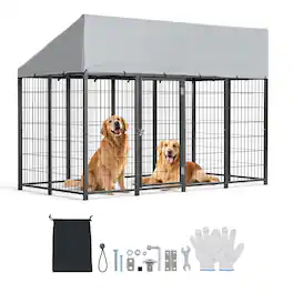 VEVOR - Outdoor Dog Kennel, 7.87 x 3.94 x 5.4 ft Large Dog Kennel with Secure Lock, Outside Dogs Enclosures with UV-Resistant - Black with Silver Accents + Silver Gray