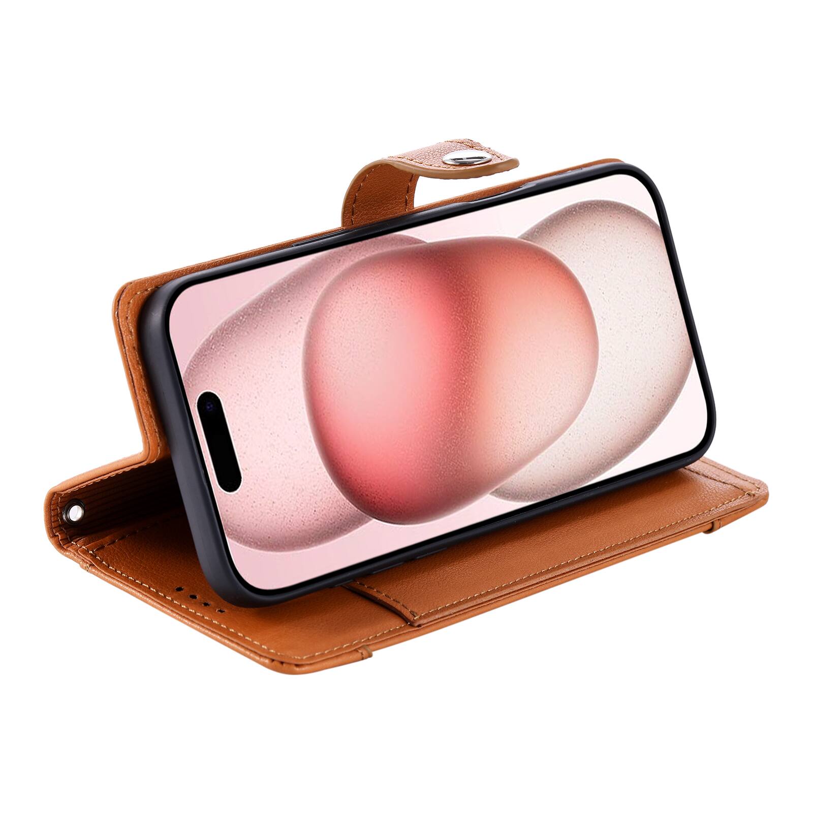Back. Dteck - Wallet Case for Apple iPhone 15 Pro Max Crossbody Premium Leather Kickstand Zipper Card Slot Cover With Strap+Lanyard - Brown.