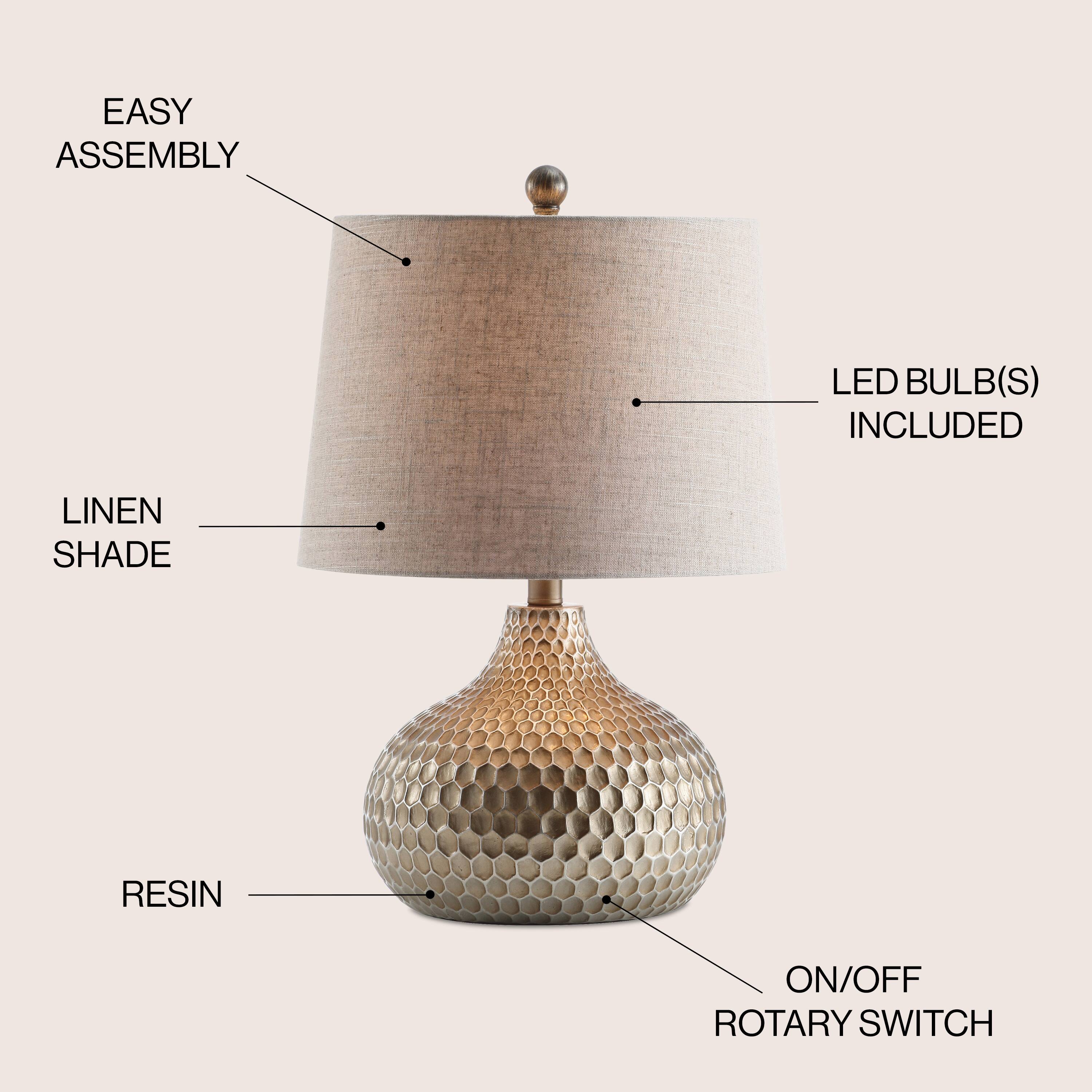 EASY ASSEMBLY  
LED BULB(S) INCLUDED  
LINEN SHADE  
RESIN  
ON/OFF ROTARY SWITCH