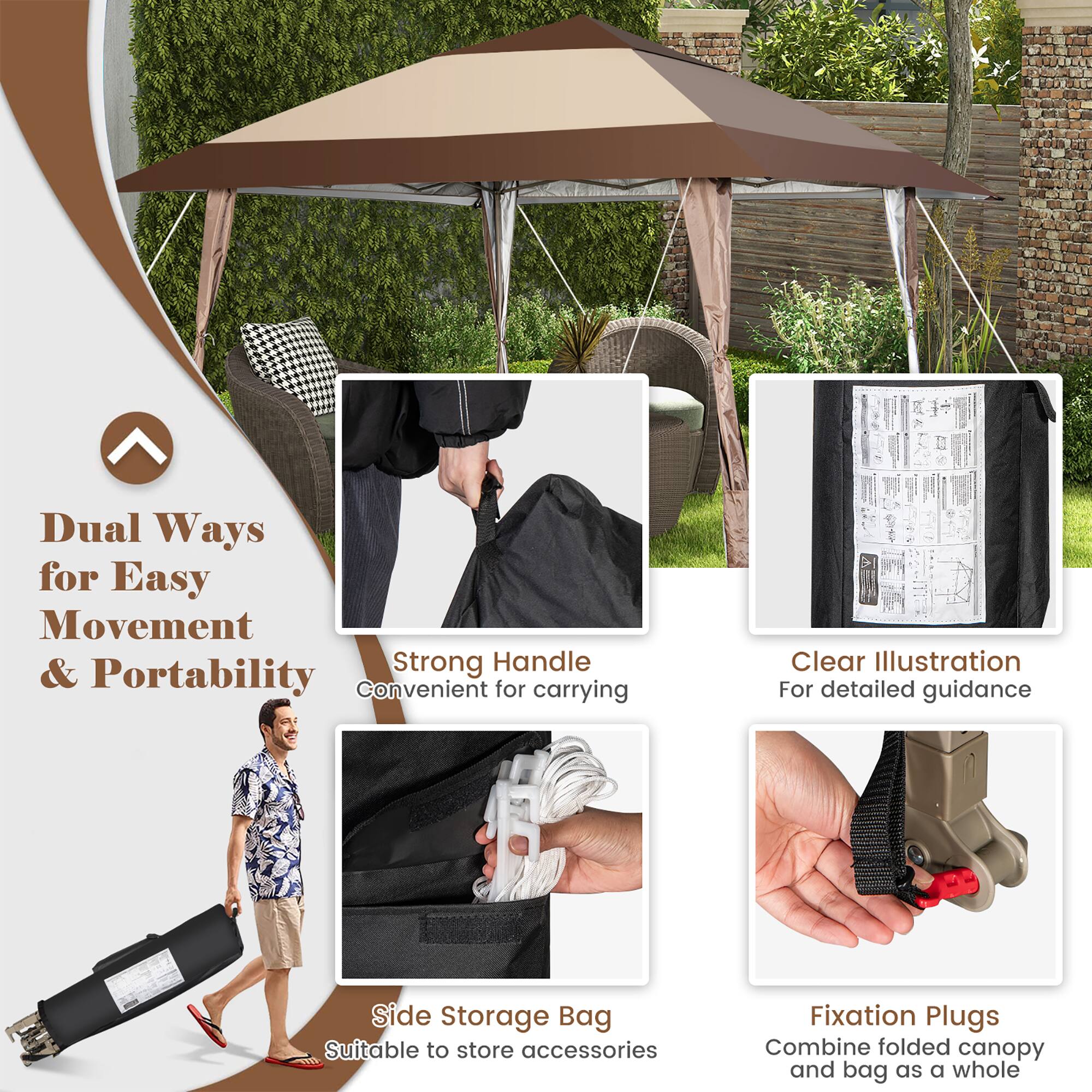 Dual Ways for Easy Movement & Portability

- Strong Handle: Convenient for carrying
- Clear Illustration: For detailed guidance
- Side Storage Bag: Suitable to store accessories
- Fixation Plugs: Combine folded canopy and bag as a whole
