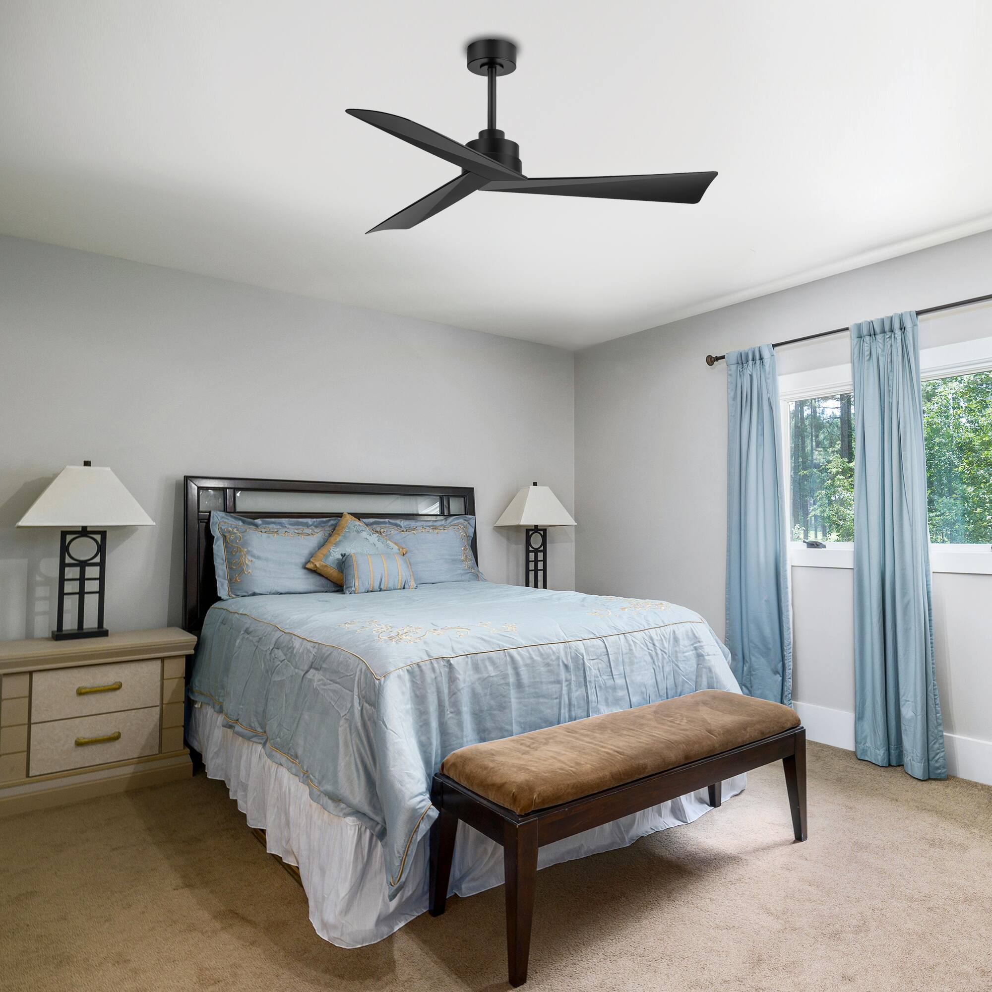 Alt View 4. Breezary - 52-Inch Lightless Ceiling Fan with 3-Blade, 5"/10" Downrods, 6-Speed DC Motor, Remote Control & Memory Function - Matte Black.
