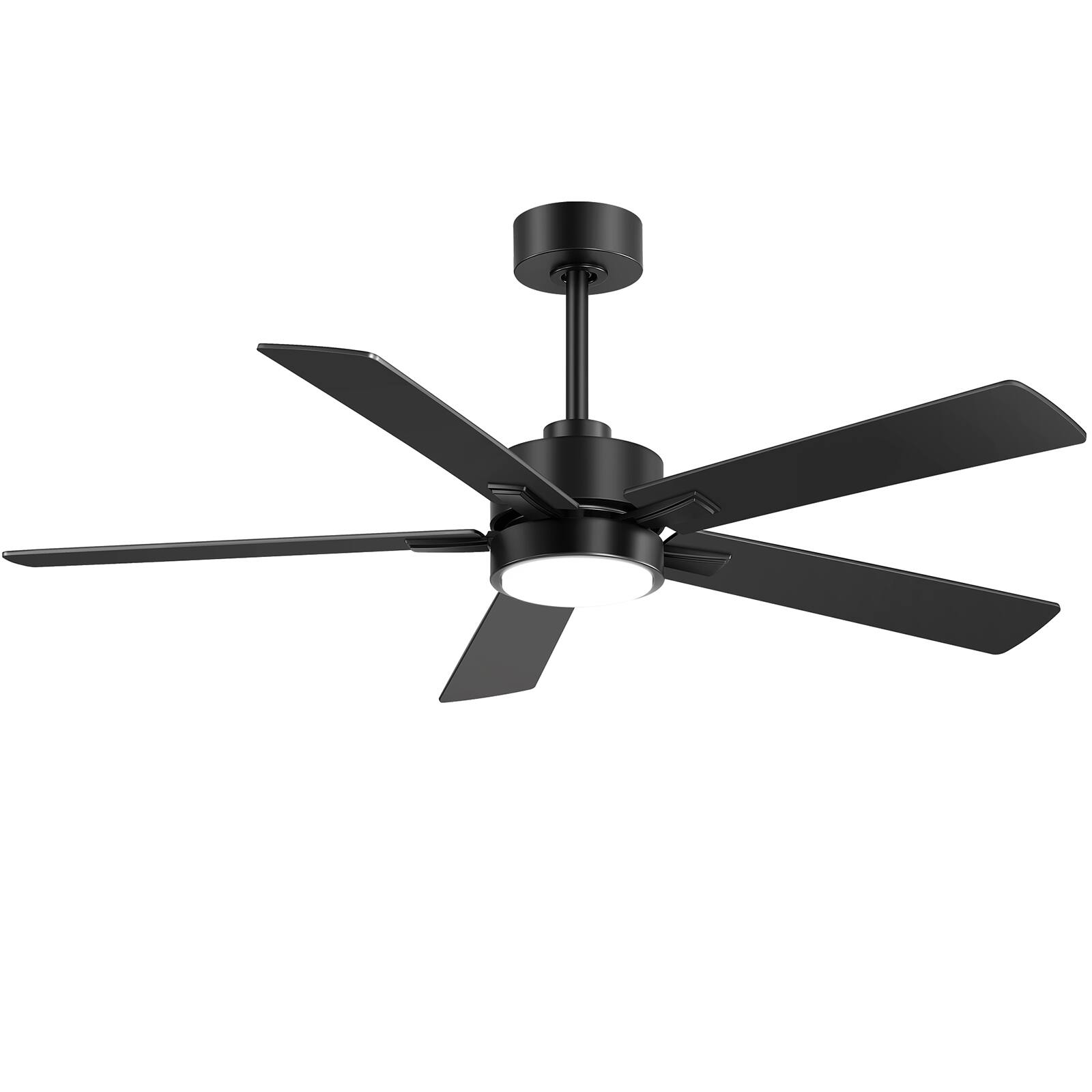 Angle. Breezary - 52" Modern Indoor Ceiling Fan with LED Light, 5 Reversible Plywood Blades, 6-Speed DC Motor, Remote, Timer, 5" Downrod - All Black.
