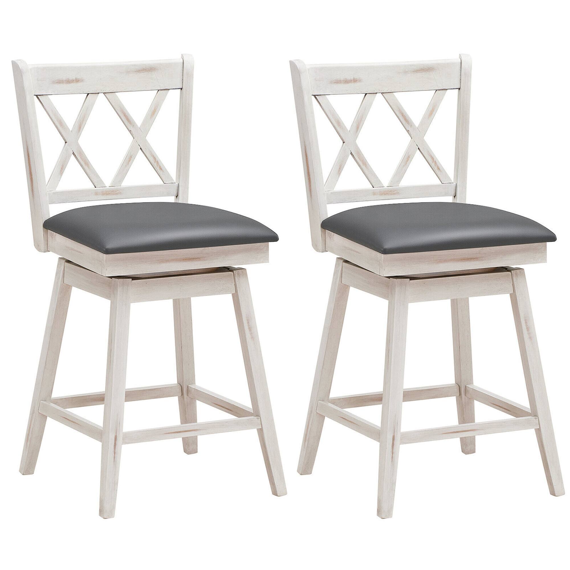 Gymax - Set of 2 Barstools Swivel Counter Height Chairs w/Rubber Wood Legs - Antique White