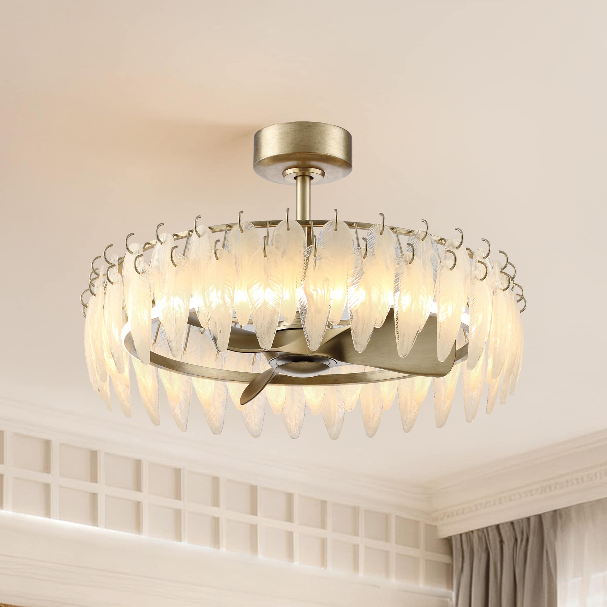 Parrot Uncle - 32" French Elegant Glass Feather LED Fandelier Ceiling Fan with Remote - Antique Silver