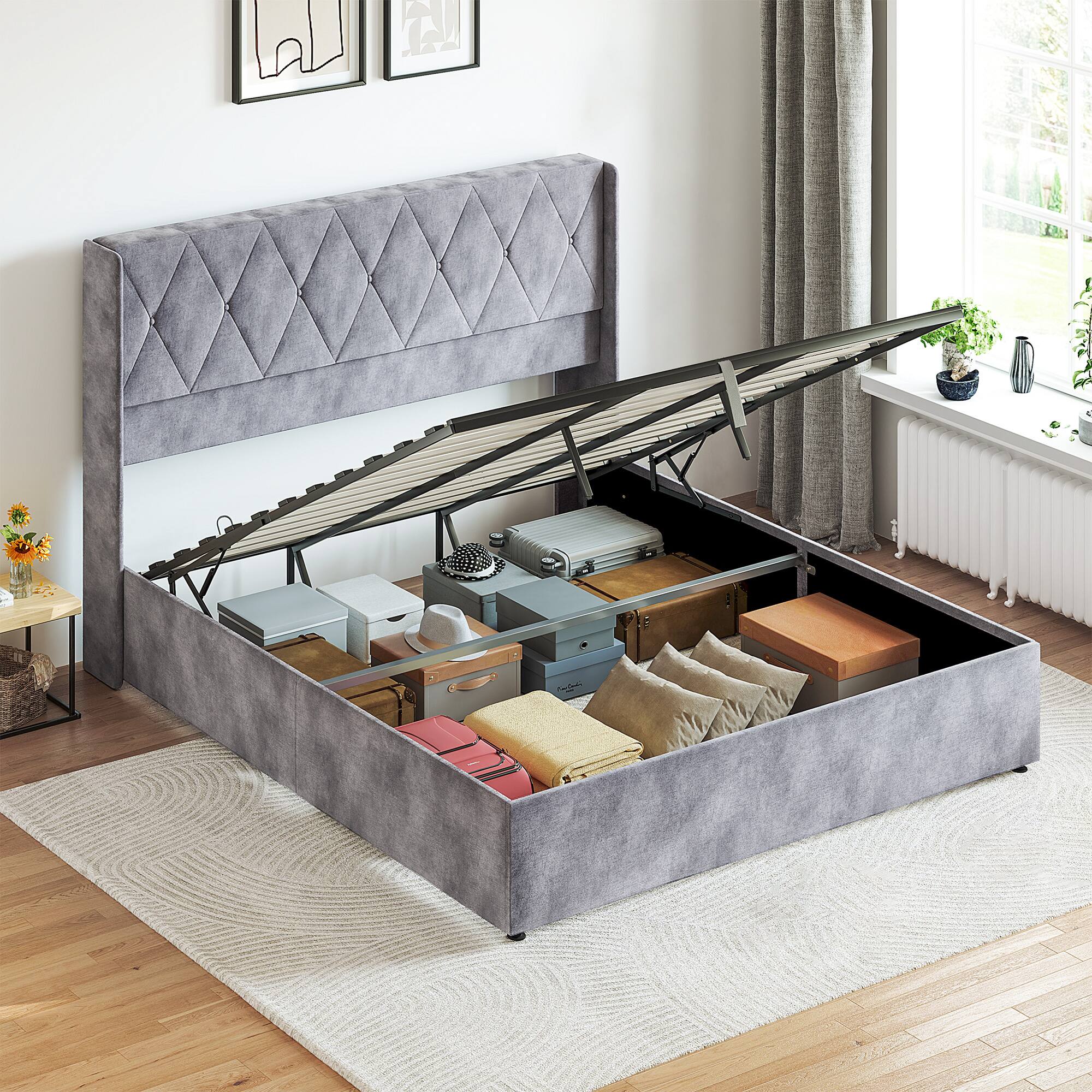 Front. AENKYO - King Size Bed Frame with Lift-Up Storage Upholstered Platform Bed No Box Spring Needed/Easy Assembly - Gray.