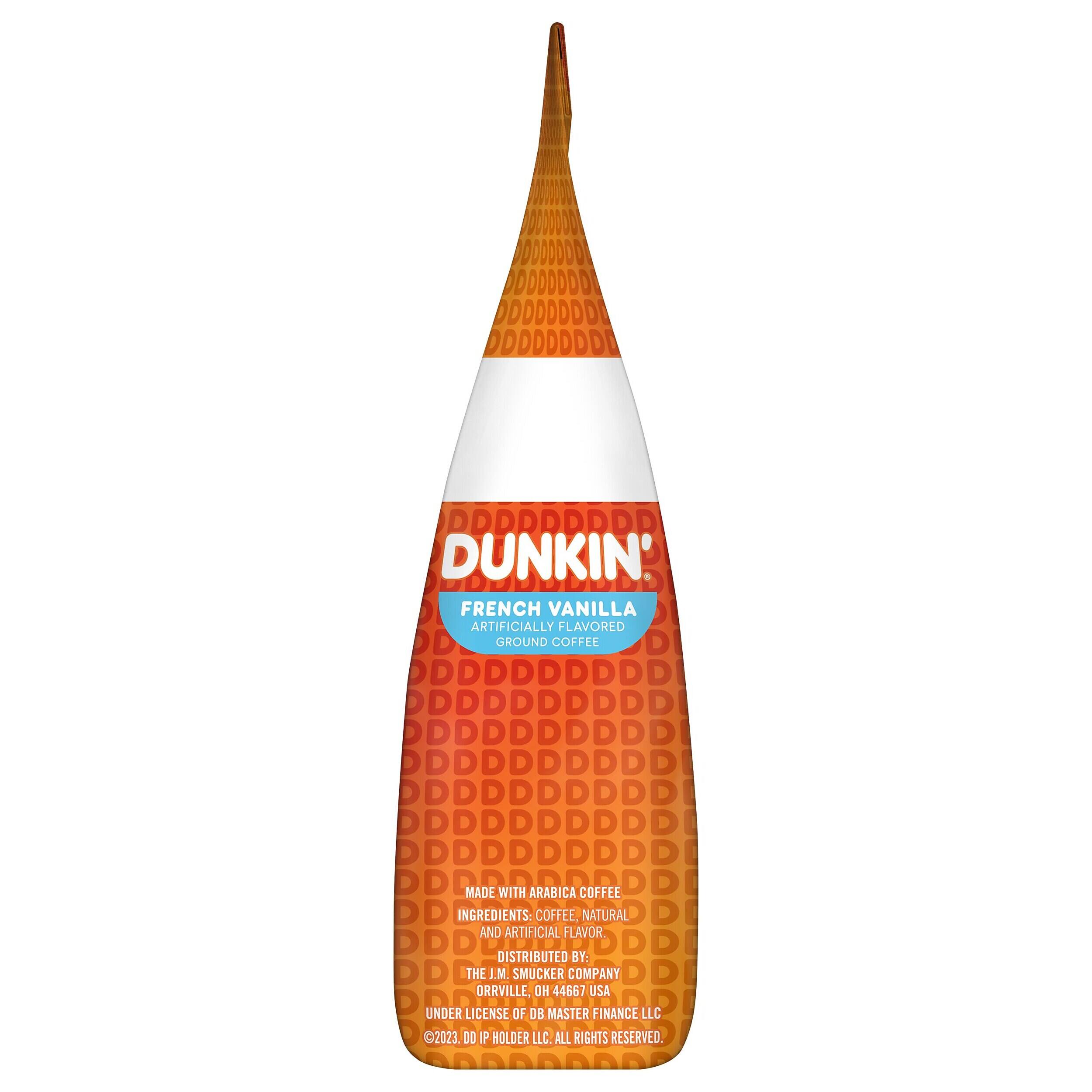 DUNKIN' FRENCH VANILLA ARTIFICIALLY FLAVORED GROUND COFFEE MADE WITH ARABICA COFFEE INGREDIENTS: COFFEE, NATURAL AND ARTIFICIAL FLAVOR DISTRIBUTED BY: THE J.M. SMUCKER COMPANY ORRVILLE, OH 44657 USA UNDER LICENSE OF OB MASTER FINANCE LLC 2023 DO F HOLDER LLC. ALL RIGHTS RESERVED.