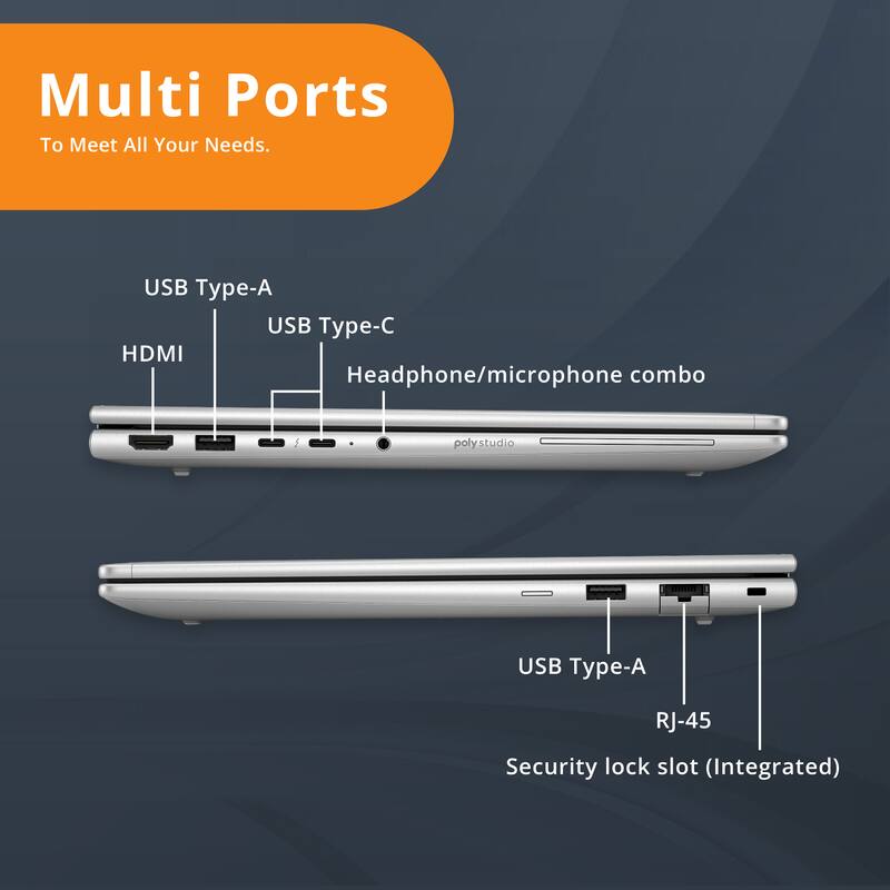 Multi Ports To Meet All Your Needs.  
USB Type-C  
HDMI  
Headphone/microphone combo  
USB Type-A  
RJ-45  
Security lock slot (Integrated)