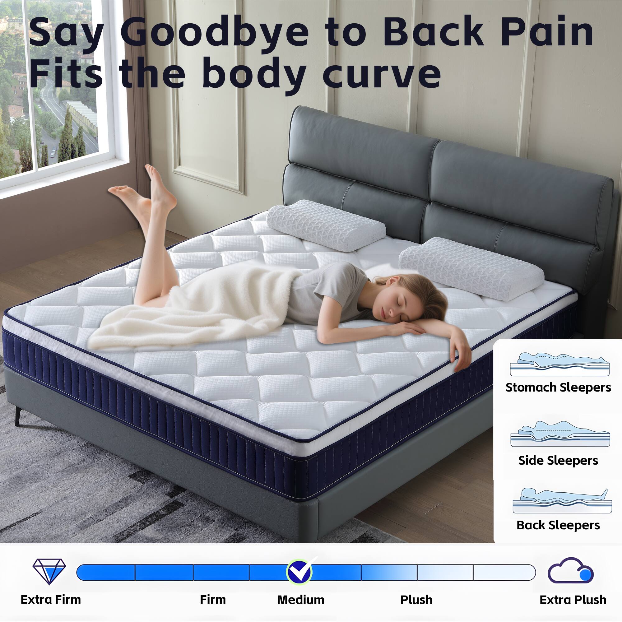 Say Goodbye to Back Pain  
Fits the body curve  

Stomach Sleepers  
Side Sleepers  
Back Sleepers  

Extra Firm  
Firm  
Medium  
Plush  
Extra Plush