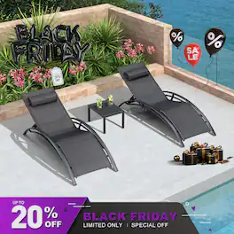 PURPLE LEAF - 3-Pieces Aluminum Outdoor Chaise Lounge Patio Lounge Chair with Side Table - Black