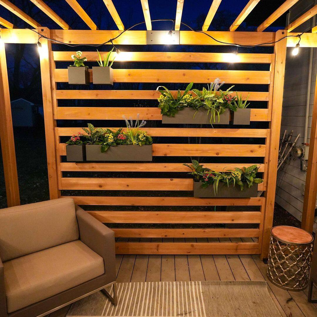 Alt View 2. SUNJOY - Sunjoy 10.5 ft. x 10 ft. Cedar Wood Pergola with Slatted Privacy Wall & Adjustable Hanging Planters - wood.