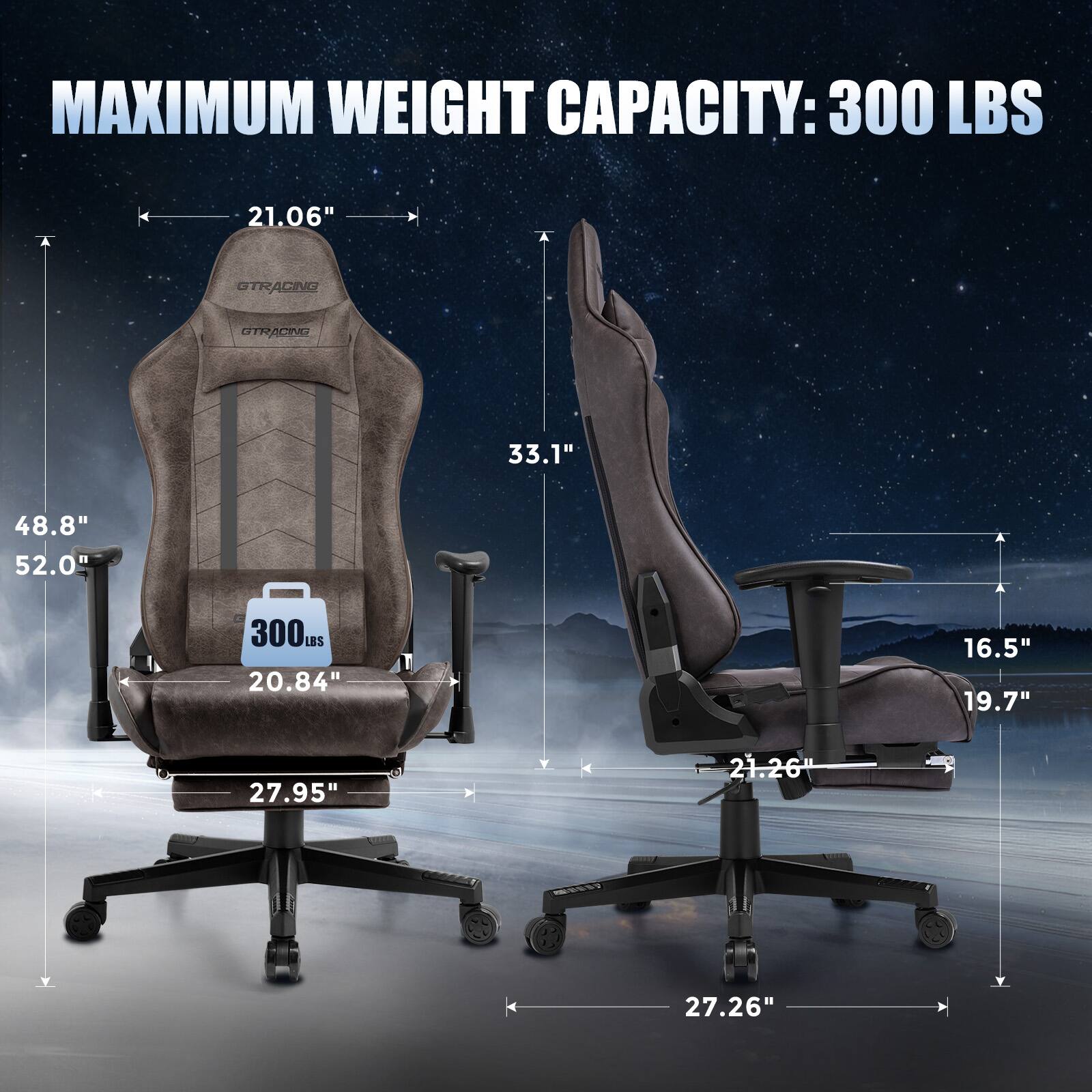 MAXIMUM WEIGHT CAPACITY: 300 LBS

- 21.06" (Width)
- 48.8" (Height)
- 52.0" (Depth)
- 33.1" (Back Height)
- 20.84" (Seat Width)
- 27.95" (Seat Depth)
- 27.26" (Armrest Width)
- 16.5" (Armrest Height)
- 19.7" (Armrest Depth)
- 27.26" (Overall Width)
- 21.26" (Overall Depth)