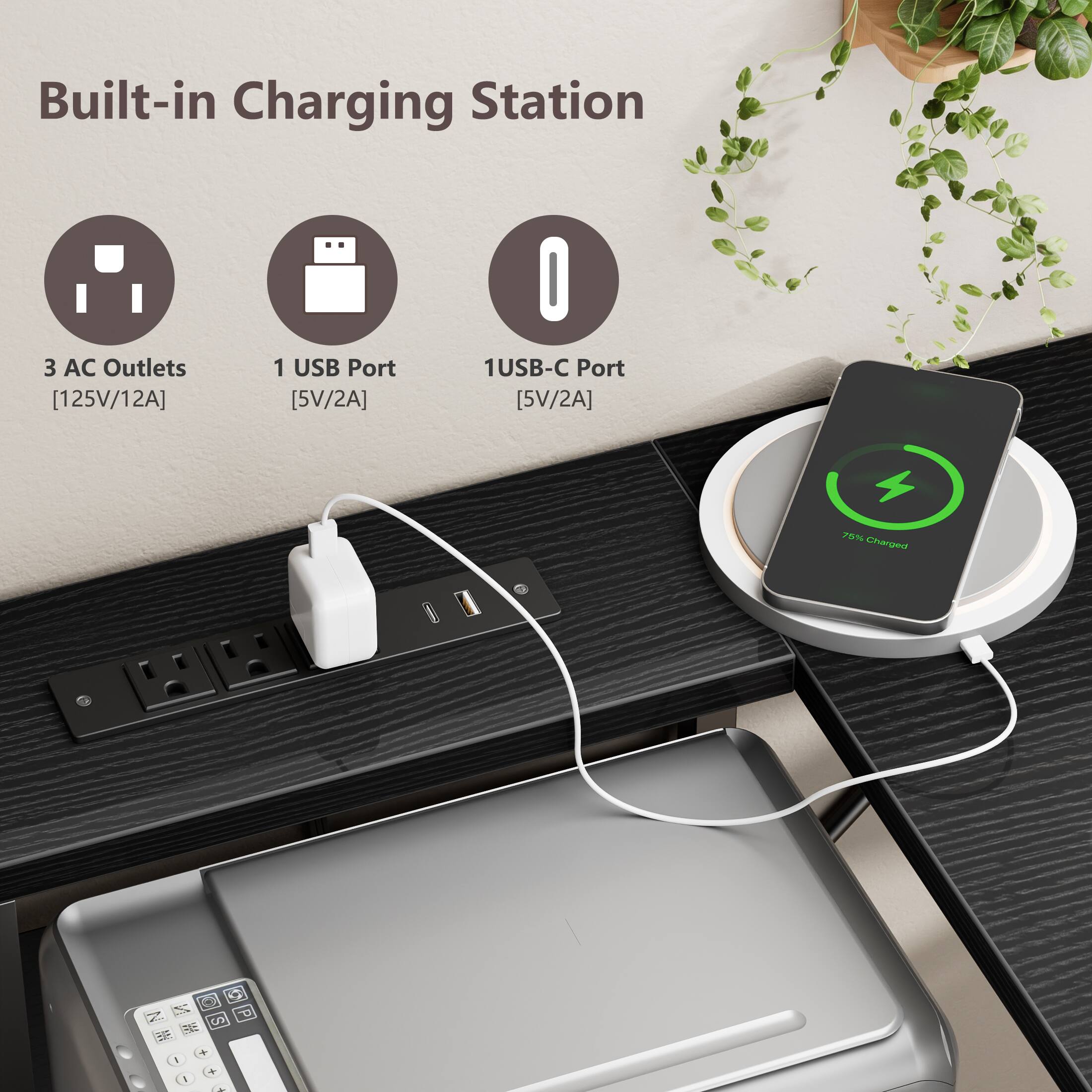 Built-in Charging Station  
3 AC Outlets [125V/12A]  
1 USB Port [5V/2A]  
1 USB-C Port [5V/2A]