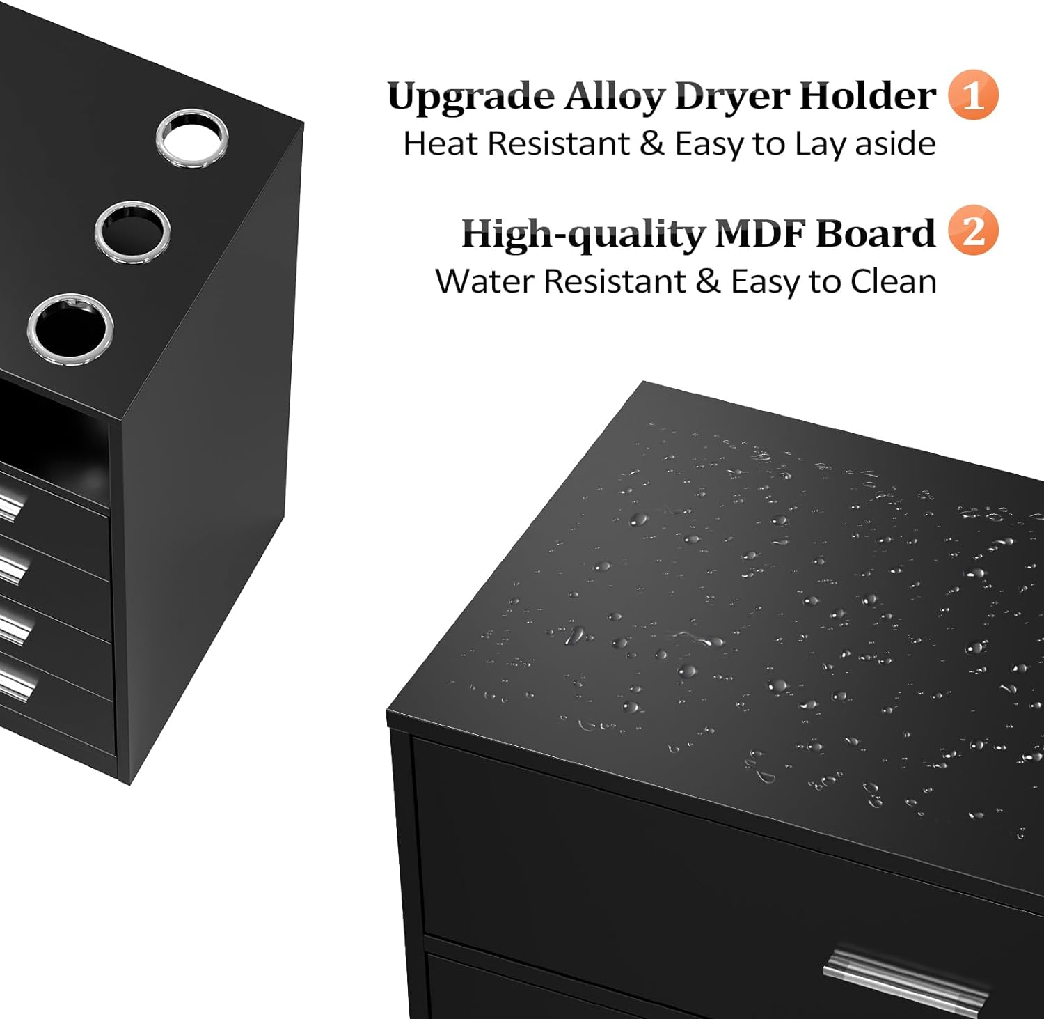1. Upgrade Alloy Dryer Holder  
   Heat Resistant & Easy to Lay aside

2. High-quality MDF Board  
   Water Resistant & Easy to Clean