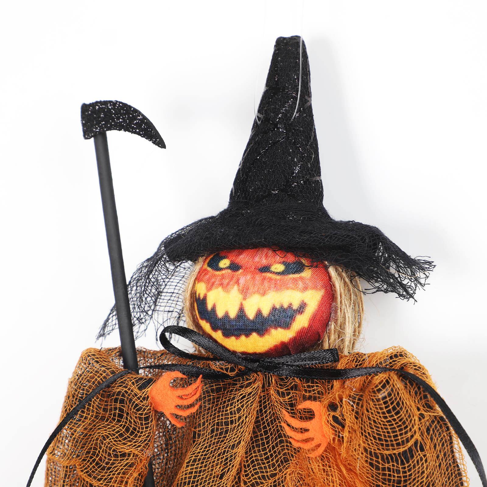 Alt View 1. Oumilen - 12.2 Inch Halloween Hanging Pumpkin Reaper Ornament, Spooky Scarecrow Pendant with Scythe for Door Wall Decor, Orange - Orange.