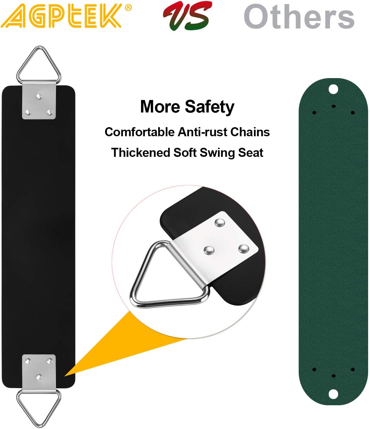 AGPEK®  
VS Others  

More Safety  
Comfortable Anti-rust Chains  
Thickened Soft Swing Seat
