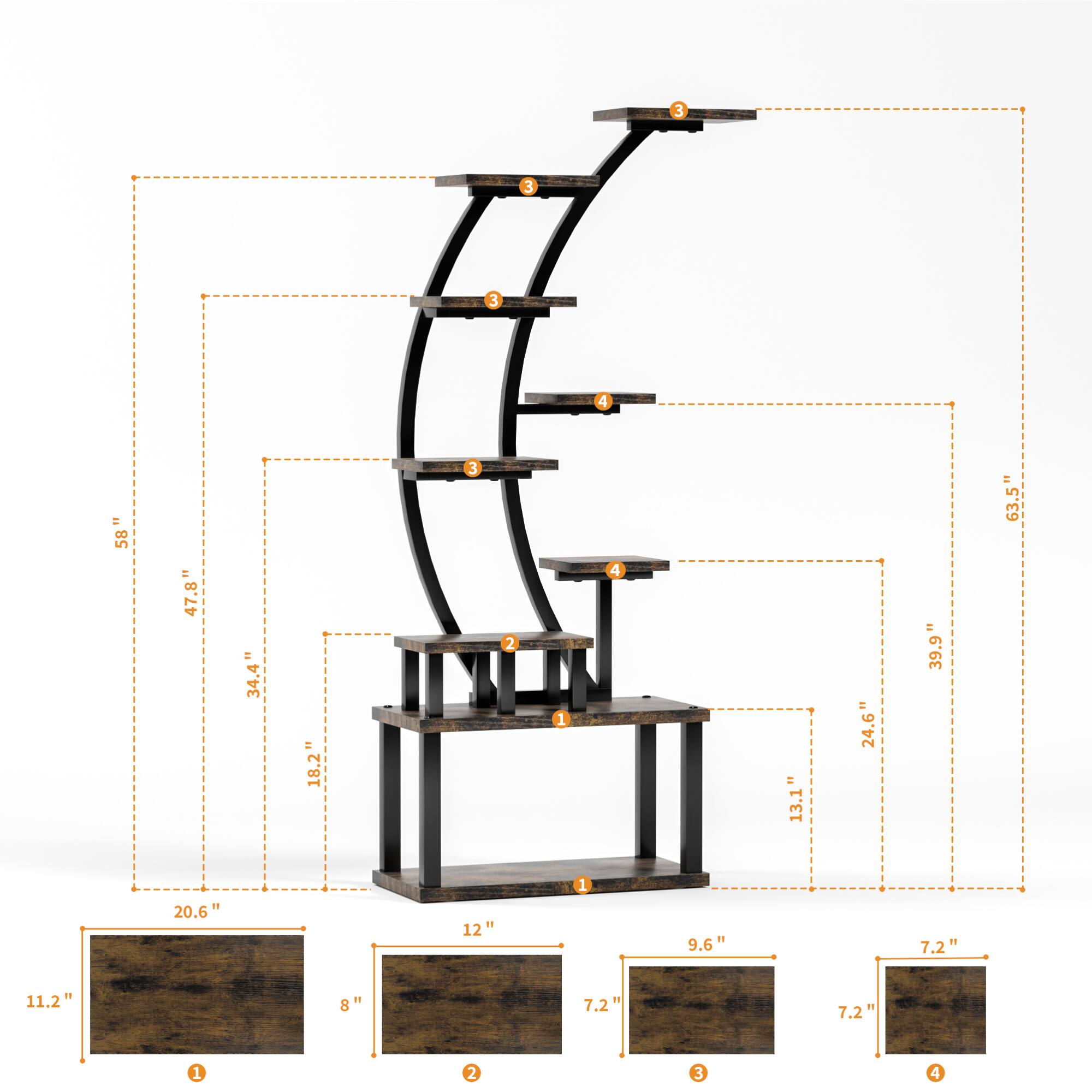 Sure, here is the corrected and grouped text from the image:

- **3 3 3 4 = 58"**
  - 47.8"
  - 34.4"
  - 18.2"

- **3 2 1 4**
  - 13.1"
  - 24.6"
  - 39.9"
  - 63.5"

- **1**
  - 20.6"
  - 12"
  - 9.6"
  - 7.2"
  - 11.2"

- **8**
  - 8"
  - 7.2"
  - 7.2"

- **1 2 3 4**
