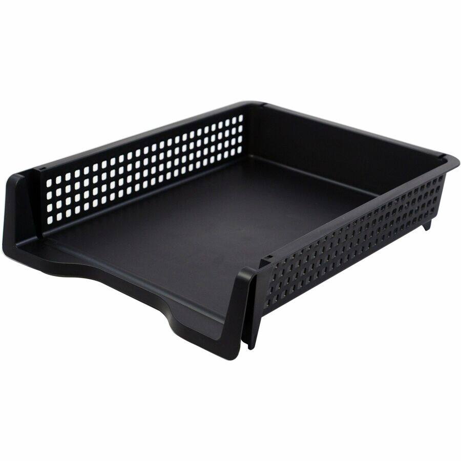 Angle. Business Source - Business Source Stackable Letter Tray Stackable Front Loading Black Plastic - Black.