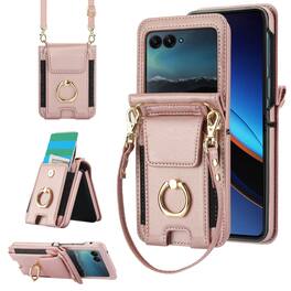 Dteck - For Motorola Razr (2024) Shockproof Leather Ring Kickstand Protective Wallet Case with Shoulder Strap / Lanyard - Rosegold