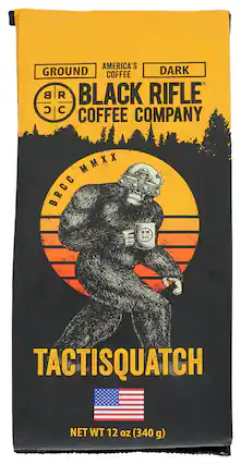 GROUND
AMERICA'S COFFEE
DARK
BLACK RIFLE COFFEE COMPANY
BRCC MMXX
TACTISQUATCH
NET WT 12 oz (340 g)