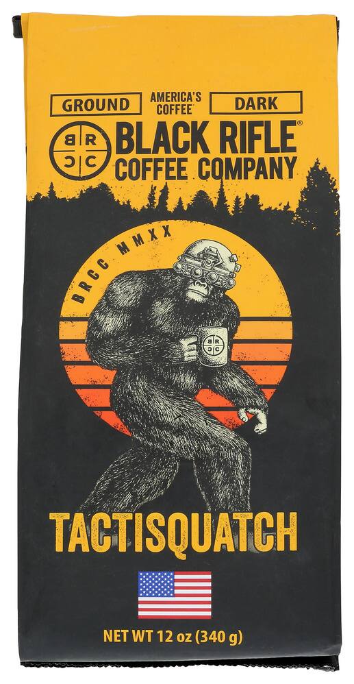 GROUND  
AMERICA'S COFFEE  
DARK  

BLACK RIFLE COFFEE COMPANY  

BRCC MMXX  

TACTISQUATCH  

NET WT 12 oz (340 g)