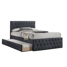 Manhattan Lane - Nek Wood Twin Size Upholstered Bed with Trundle, Tufted Charcoal Burlap - Charcoal Gray