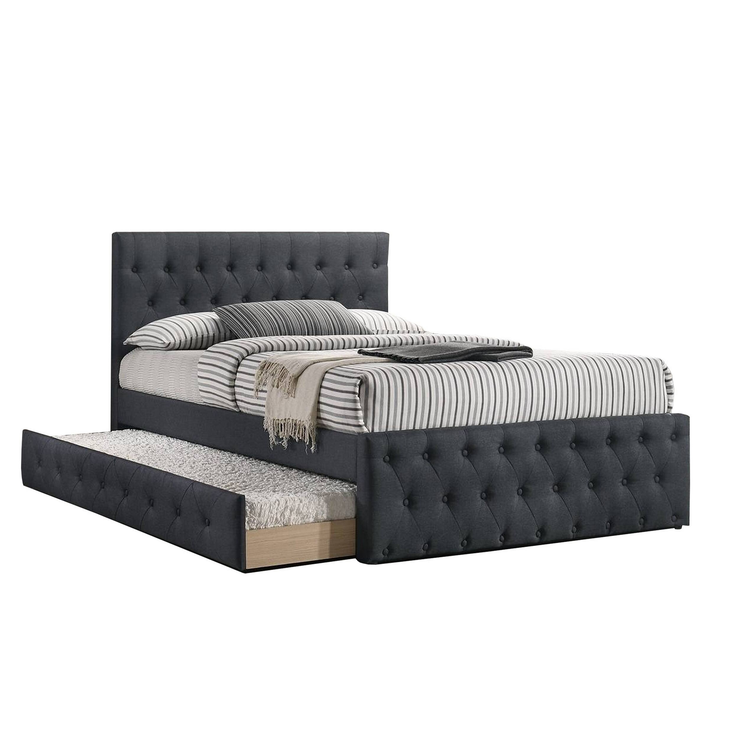 Front. Manhattan Lane - Nek Wood Twin Size Upholstered Bed with Trundle, Tufted Charcoal Burlap - Charcoal Gray.