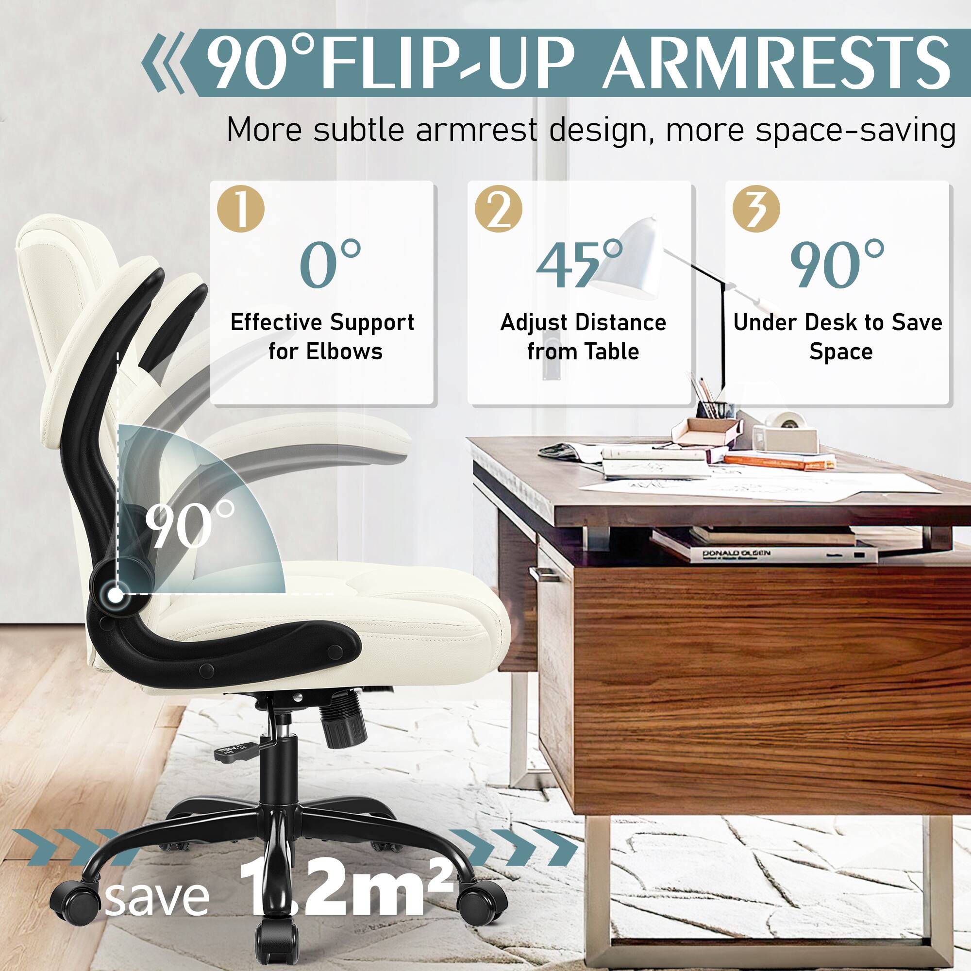 90° FLIP-UP ARMRESTS  
More subtle armrest design, more space-saving  

1. 0°  
Effective Support for Elbows  

2. 45°  
Adjust Distance from Table  

3. 90°  
Under Desk to Save Space  

save 1.2m²