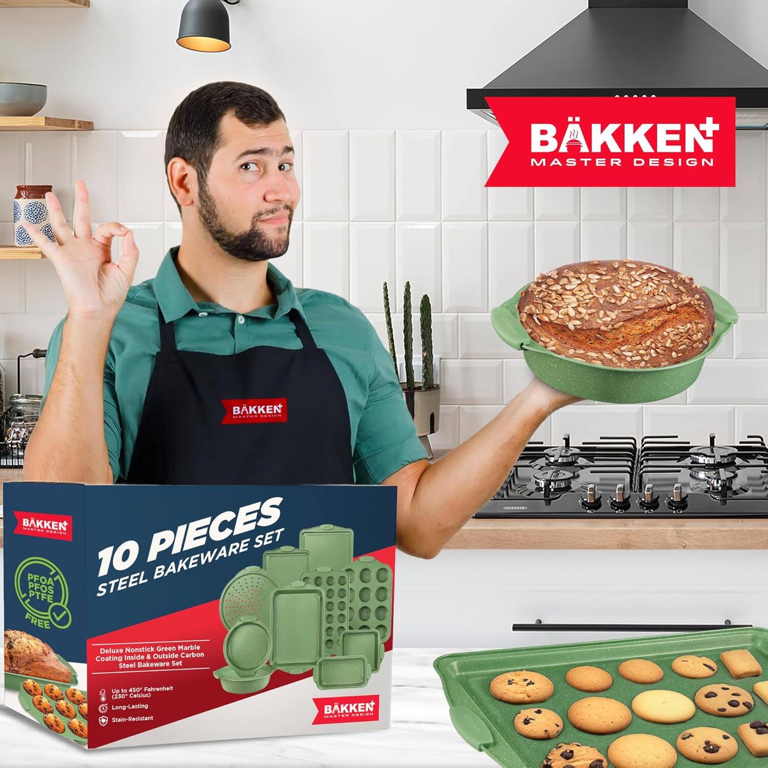 BKKEN MASTER DESIGN BAKKEN . BAKKEN ..... PIECES ..a. SET 10 BAKEWARE PFOA STEEL PFOS PTFE FREE Deluxe Nonstick Green Marbie sacide & abistuo Carbon Coating Steel Bakeware Set UP to 4g Tahrenhert  Calctus) 5 Long-Lasting Sta-Mecistanc BAKKEN .......
