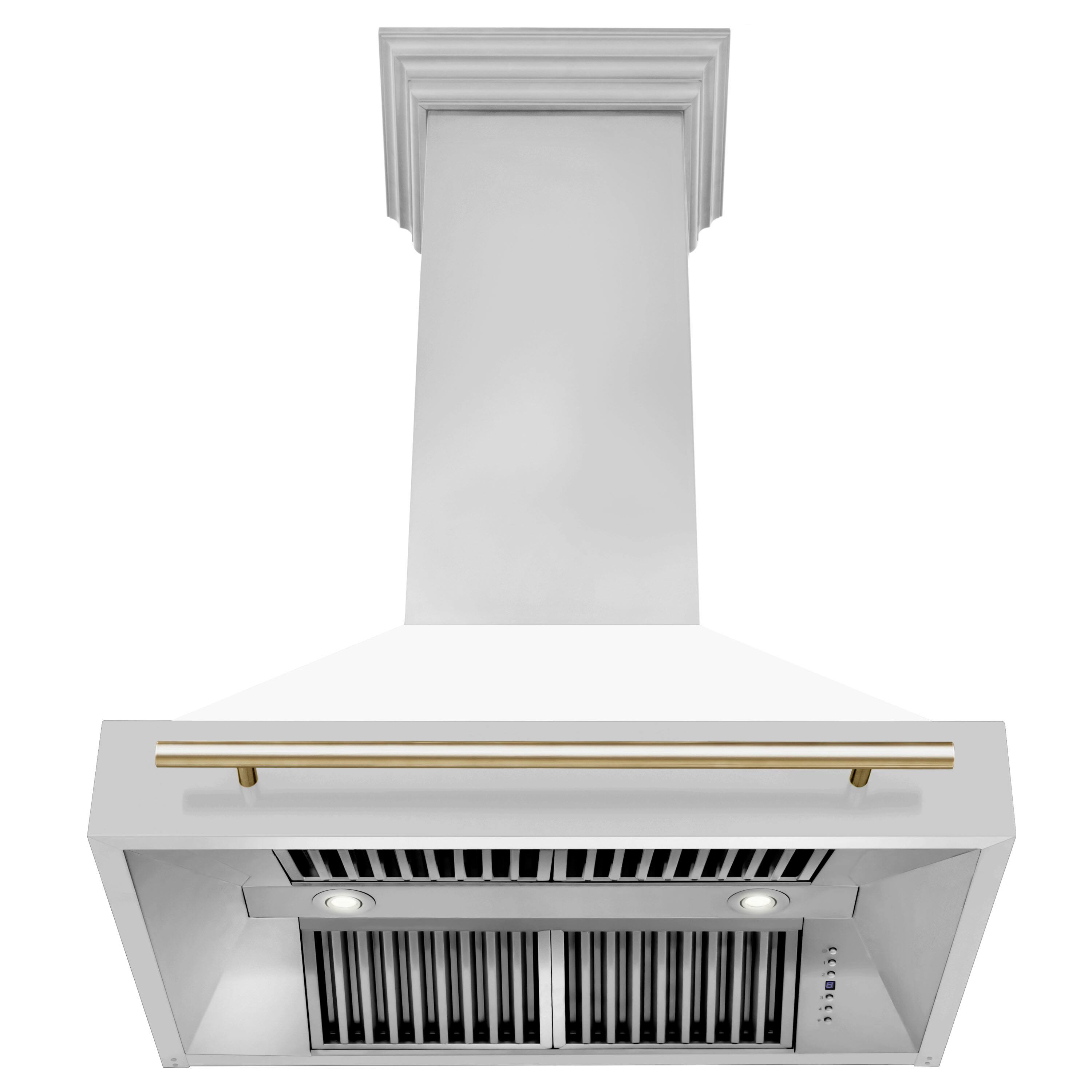 Back. ZLINE - ZLINE Autograph Edition 36 in. Stainless Steel Range Hood with White Matte Shell and Polished Gold Handle - Stainless Steel.