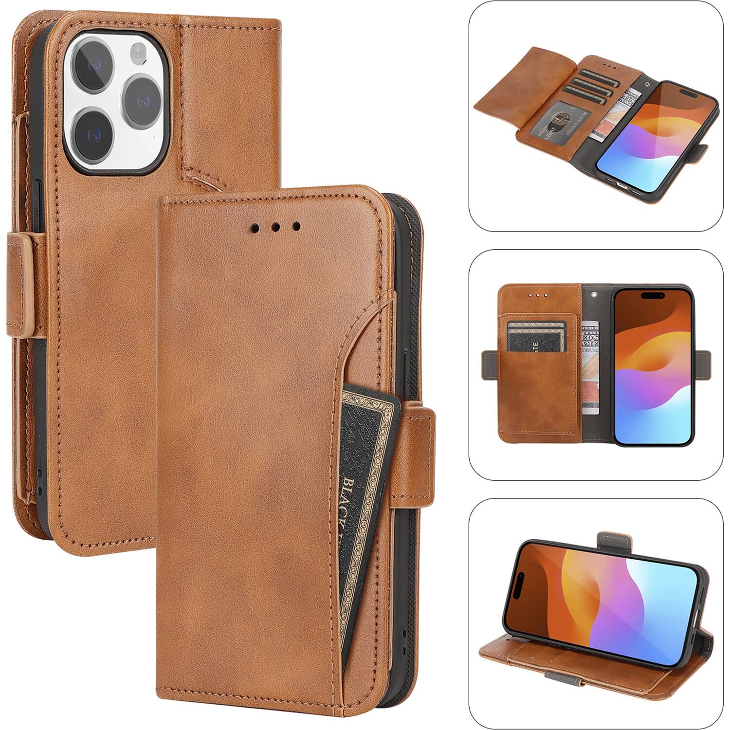Alt View 18. SaharaCase - Genuine Leather Folio Wallet Case for Apple iPhone 15 Pro Max - Brown.