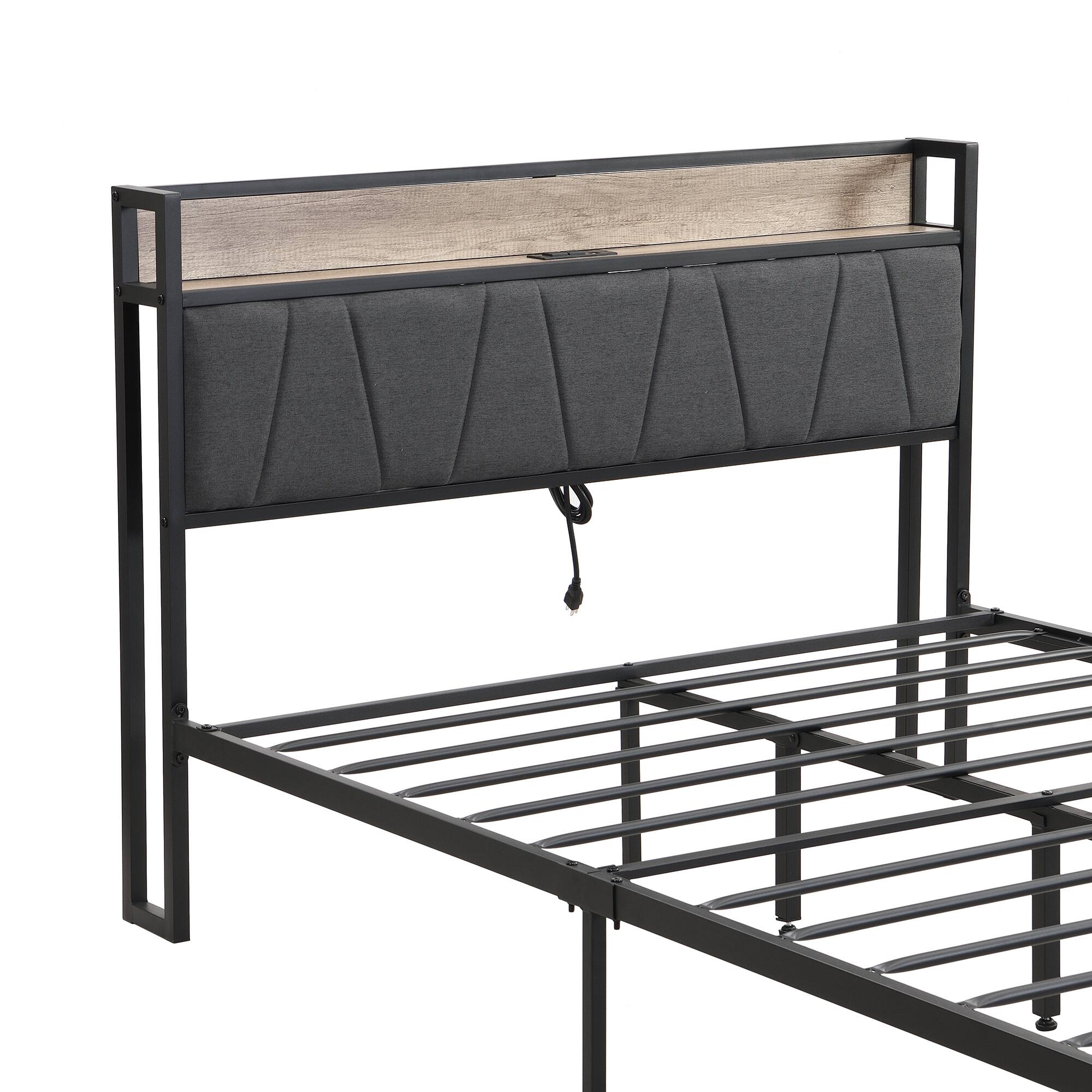 Alt View 6. Trinkets Crazed - Queen Size Metal Platform Bed Frame with Storage Function Headboard and USB Liner and Footboard, No Box Spring Needed - Black.