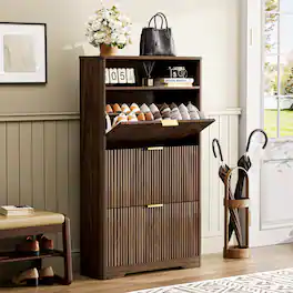 MERAVOM - Shoe Cabinet with 3 Flip Drawers, Narrow Shoe Storage Cabinet, Tall Free Standing Shoe Organizer Rack for Entryway - Brown
