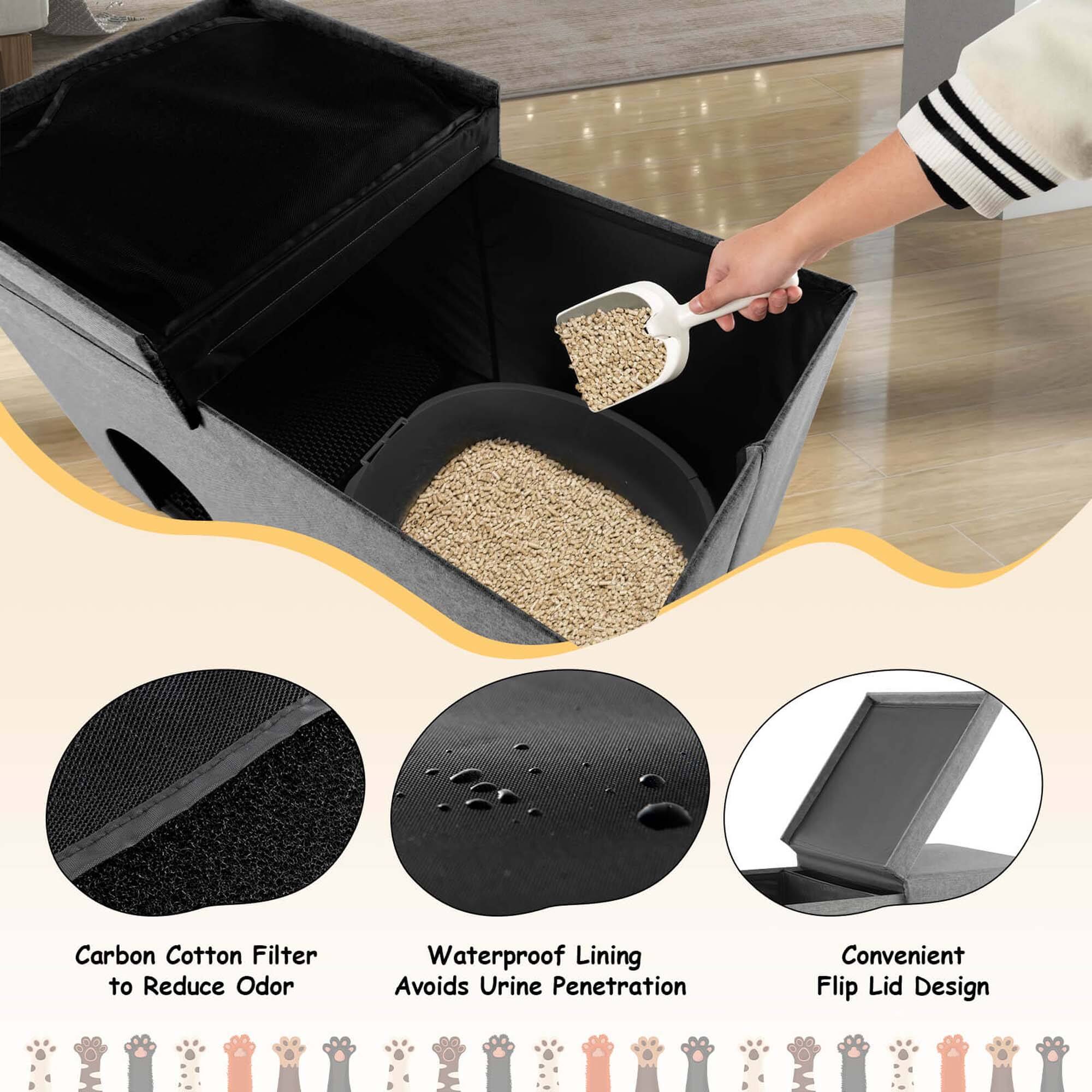 - Carbon Cotton Filter to Reduce Odor
- Waterproof Lining Avoids Urine Penetration
- Convenient Flip Lid Design