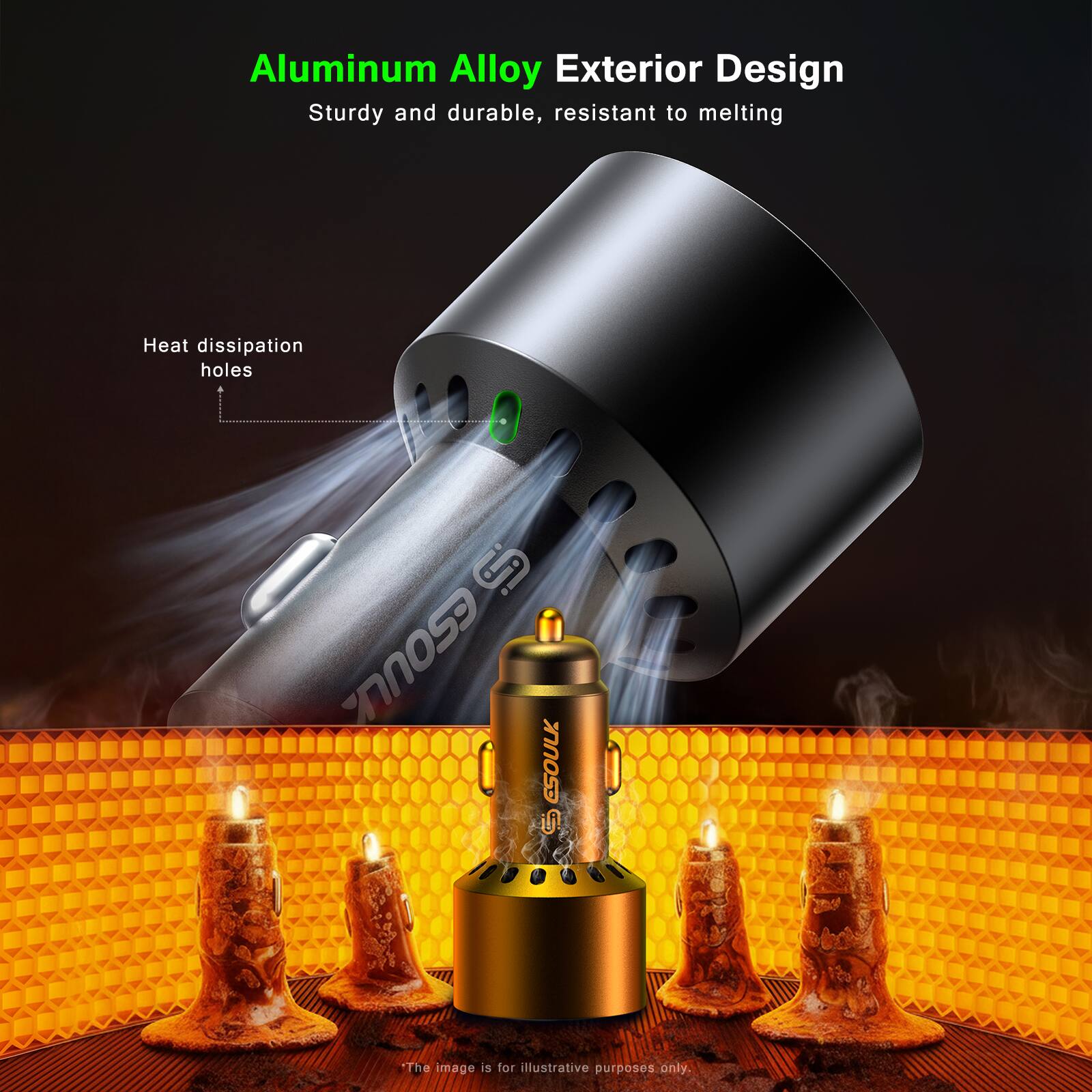 Aluminum Alloy Exterior Design  
Sturdy and durable, resistant to melting  
Heat dissipation holes  

The image is for illustrative purposes only.