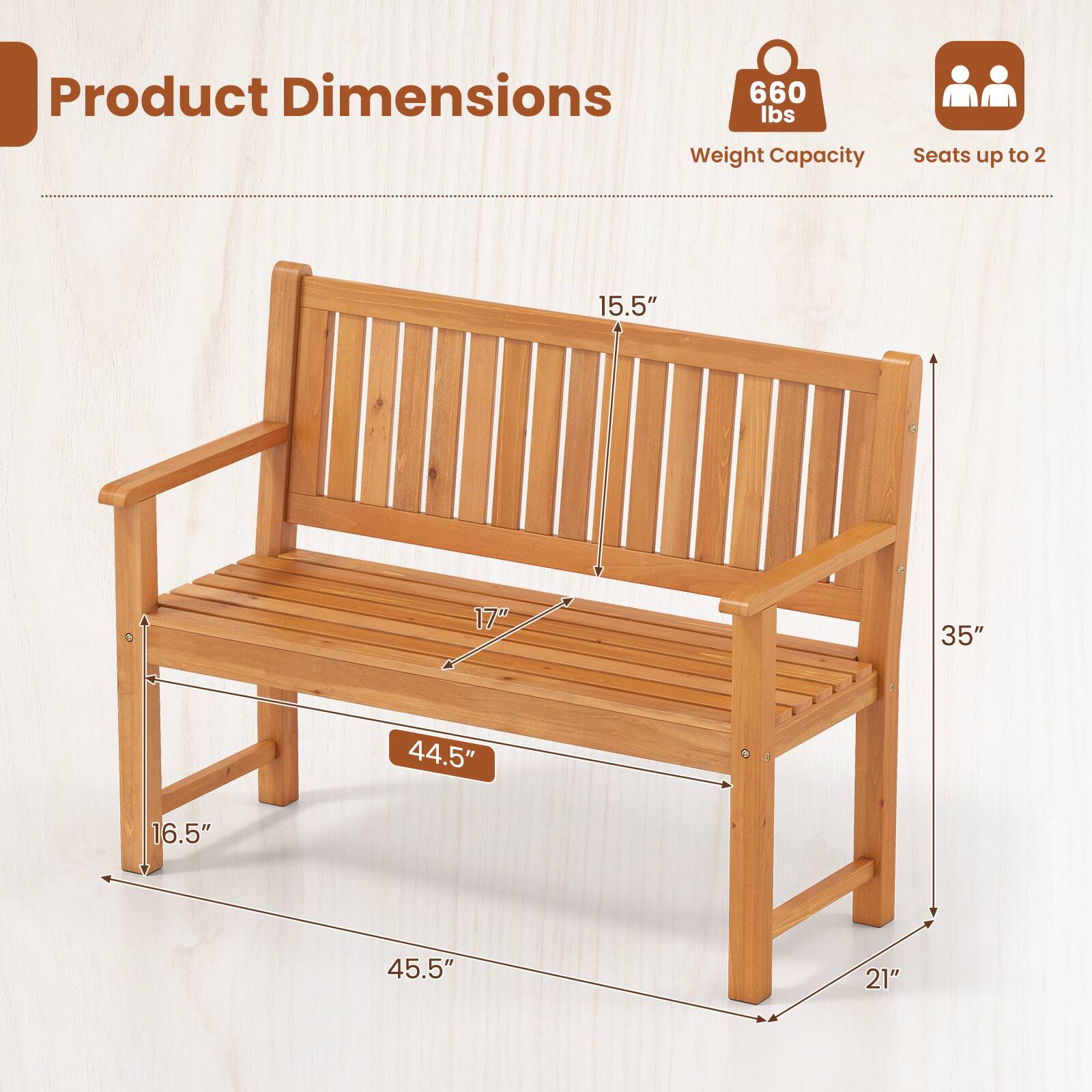 Product Dimensions: 660 lbs Weight Capacity, Seats up to 2  
Dimensions: 15.5" x 17" x 35" x 44.5" x 16.5" x 45.5" x 21"