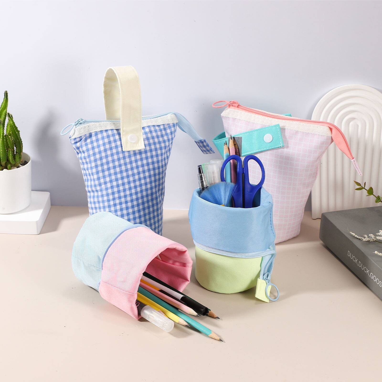 Alt View 4. Unique Bargains - 2pcs Telescopic Standing Pen Pouch w/ Handle, Foldable Pencil Holder for Home Office - Yellow.
