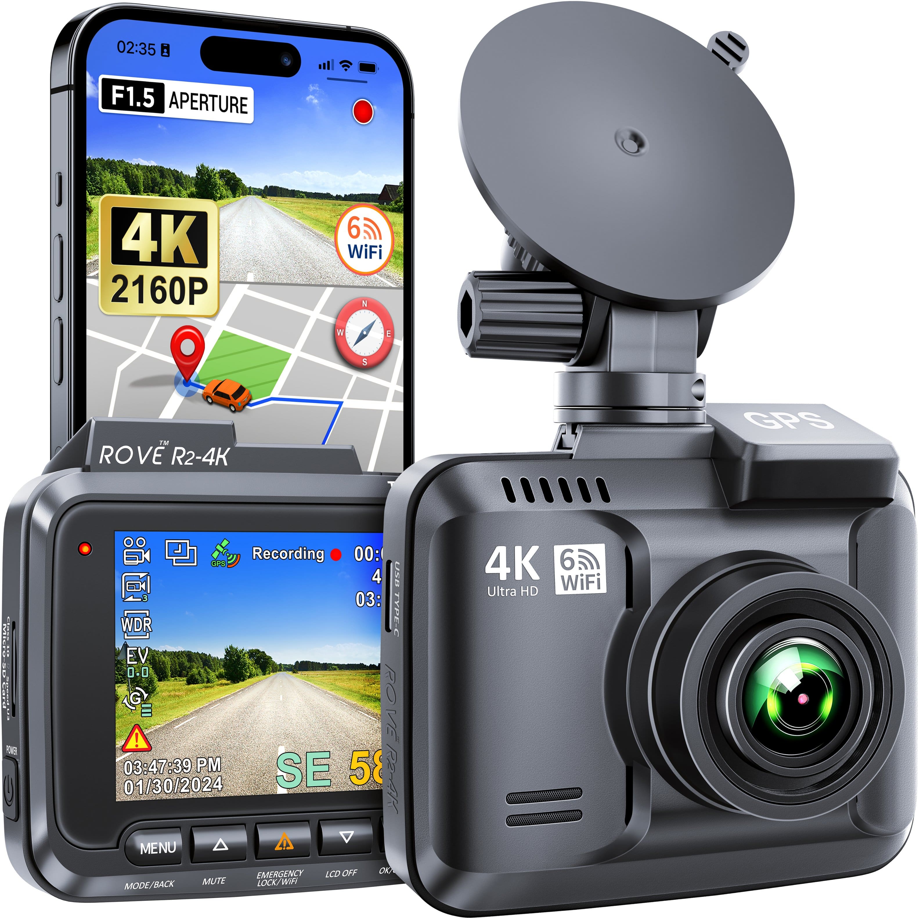 ROVE - R2-4K Dash Cam 4K Ultra HD 2160P Car Dashboard Camera Built In Wi-Fi 6 & GPS - Black