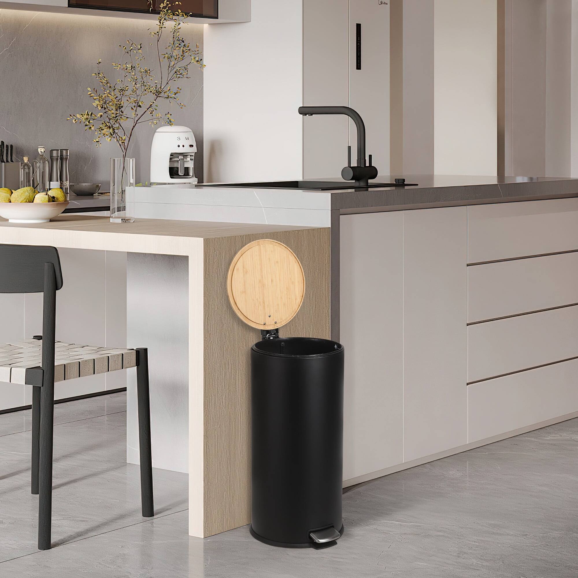 Left. Homhougo - 8 Gallon Stainless Steel Kitchen Trash Can, Foot Pedal with Bamboo Lid, Perfect for Kitchen, Bathroom, Office, Bedroom - Black.